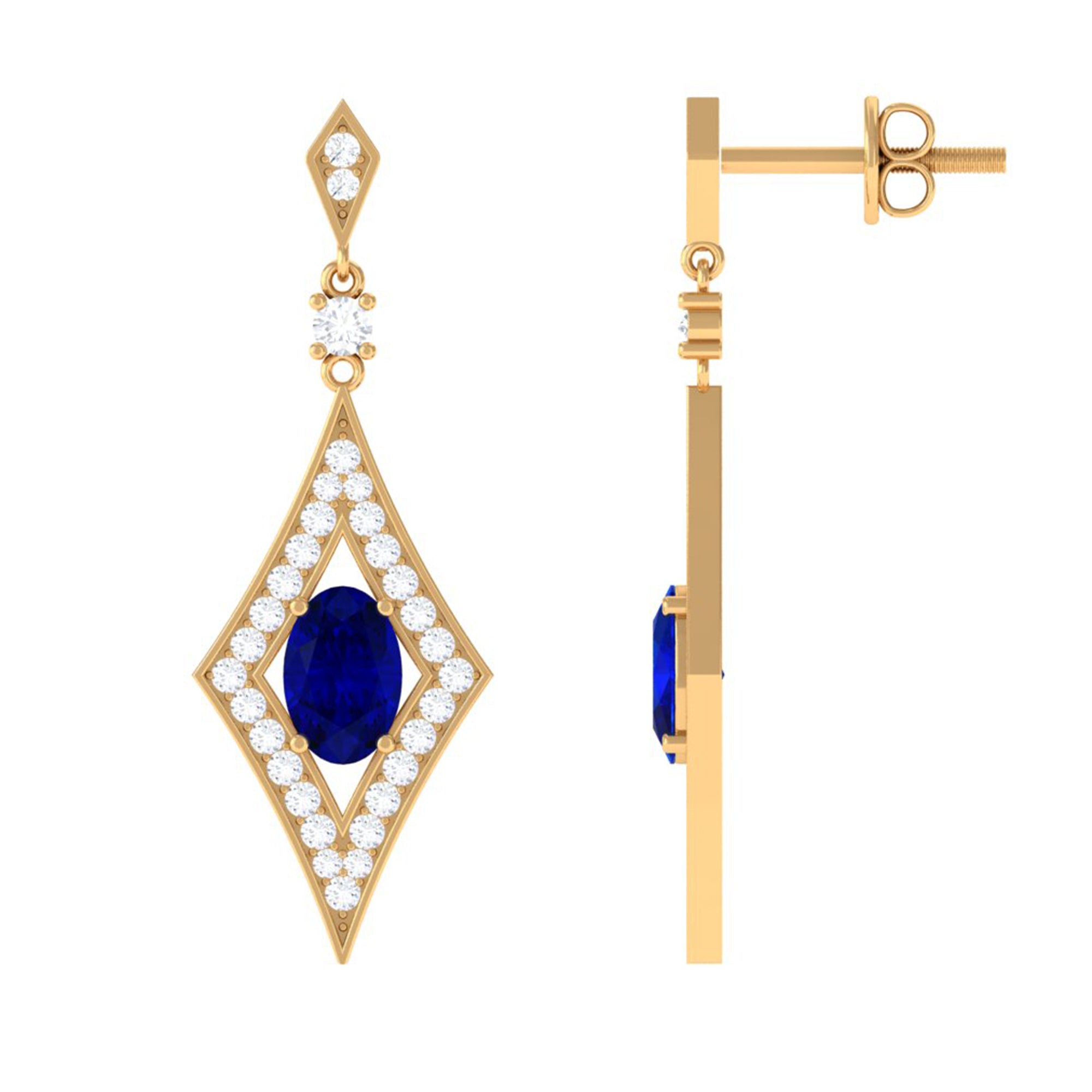 Vibrant Grown Labs-Art Deco Dangle Earrings with Lab Grown Blue Sapphire