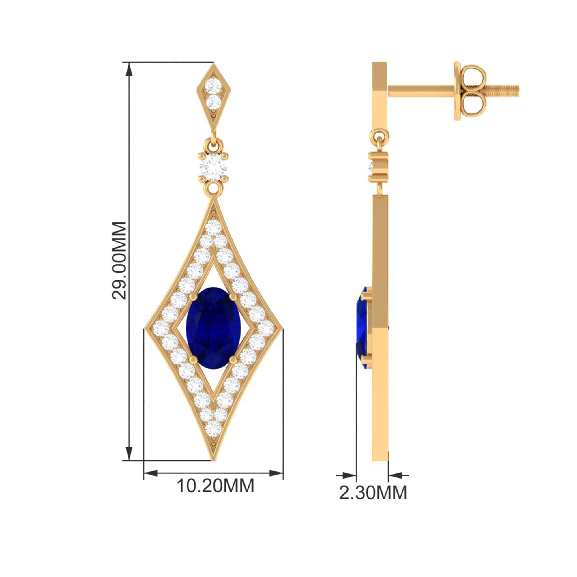 Vibrant Grown Labs-Art Deco Dangle Earrings with Lab Grown Blue Sapphire