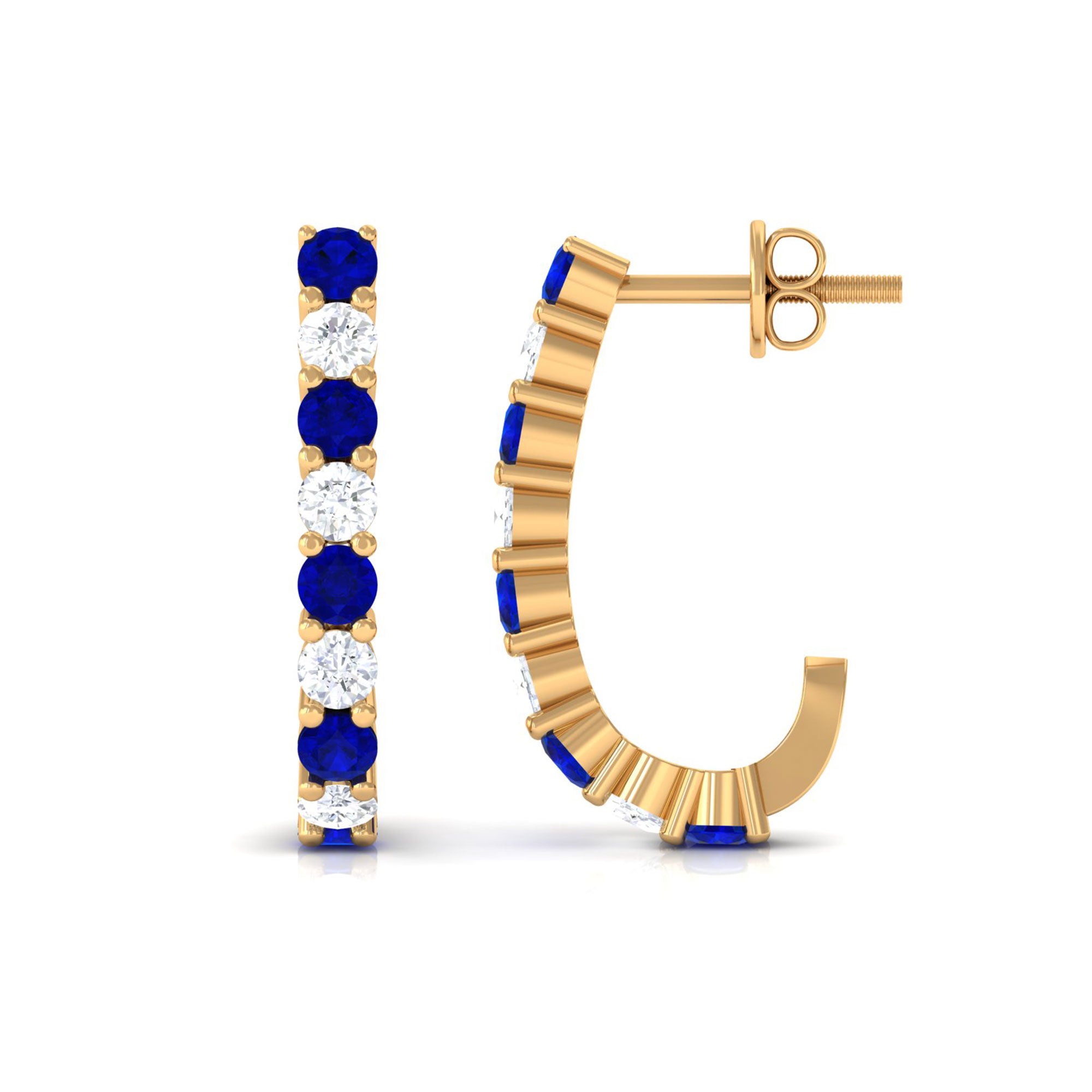 Vibrant Grown Labs-Lab Grown Blue Sapphire J Hoop Earrings with Diamond