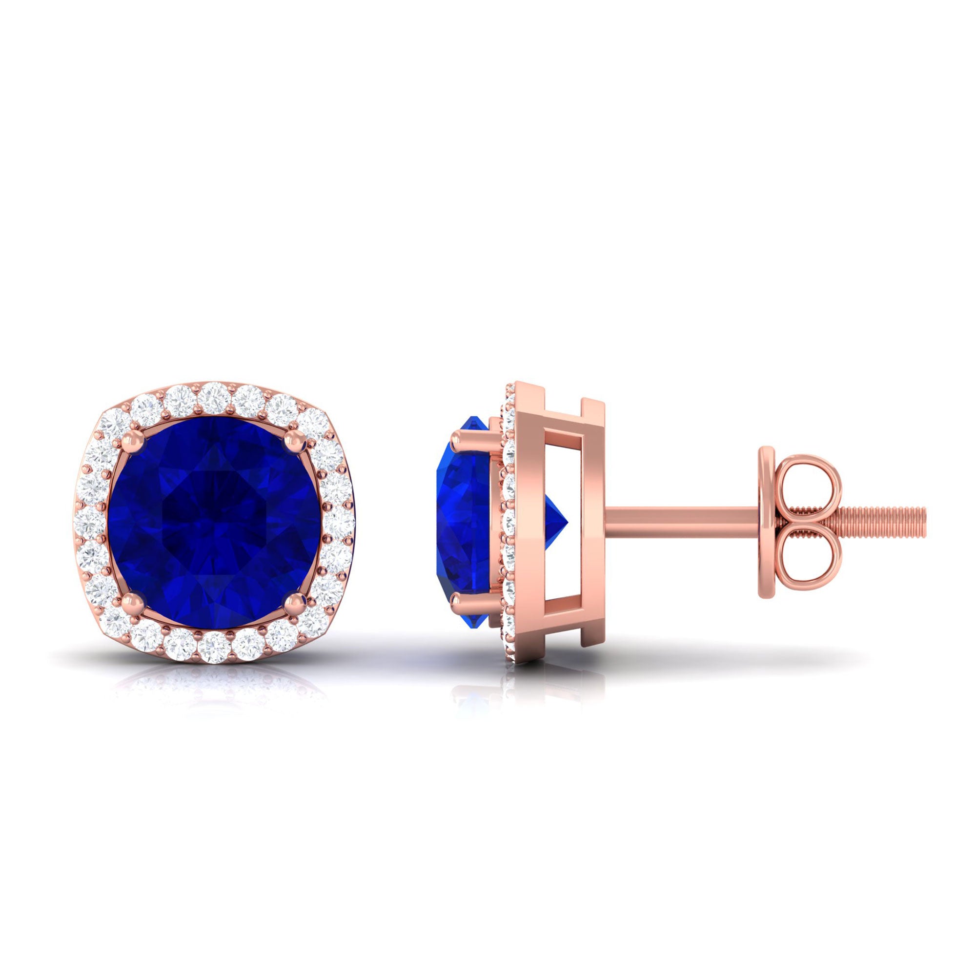 Vibrant Grown Labs-Lab Grown Blue Sapphire Statement Stud Earrings with Halo