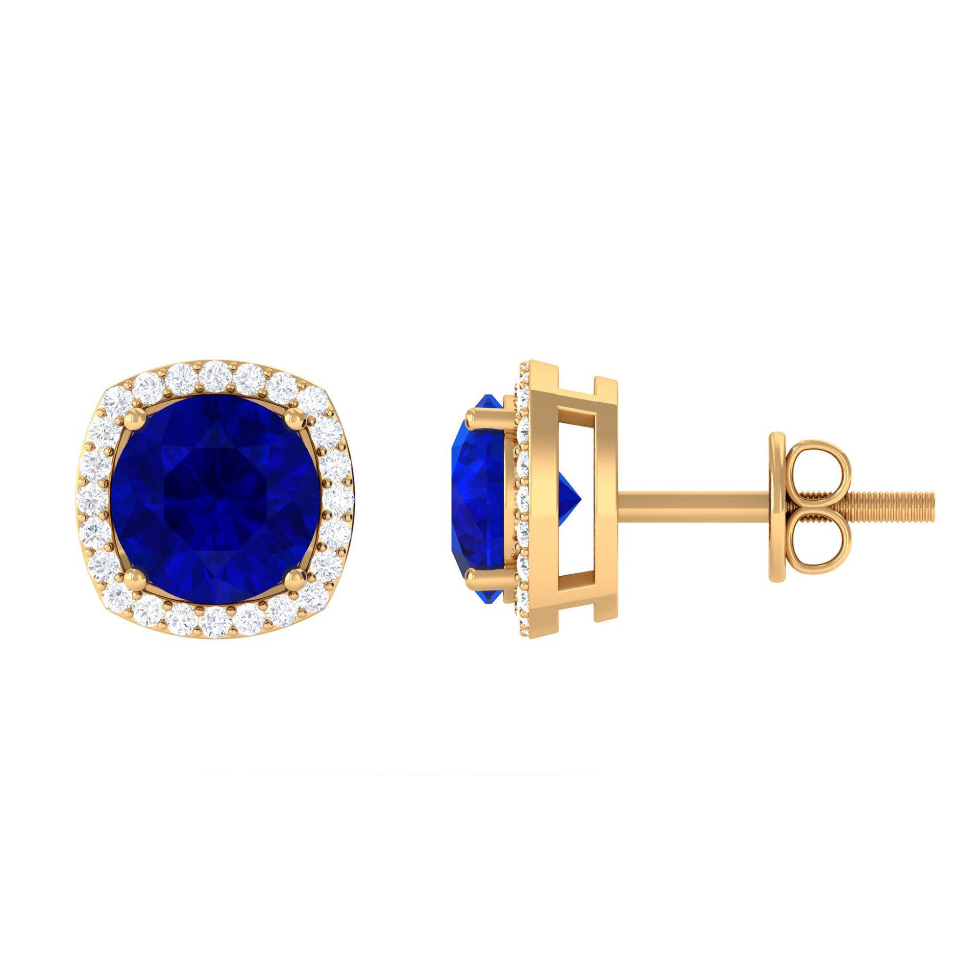 Vibrant Grown Labs-Lab Grown Blue Sapphire Statement Stud Earrings with Halo