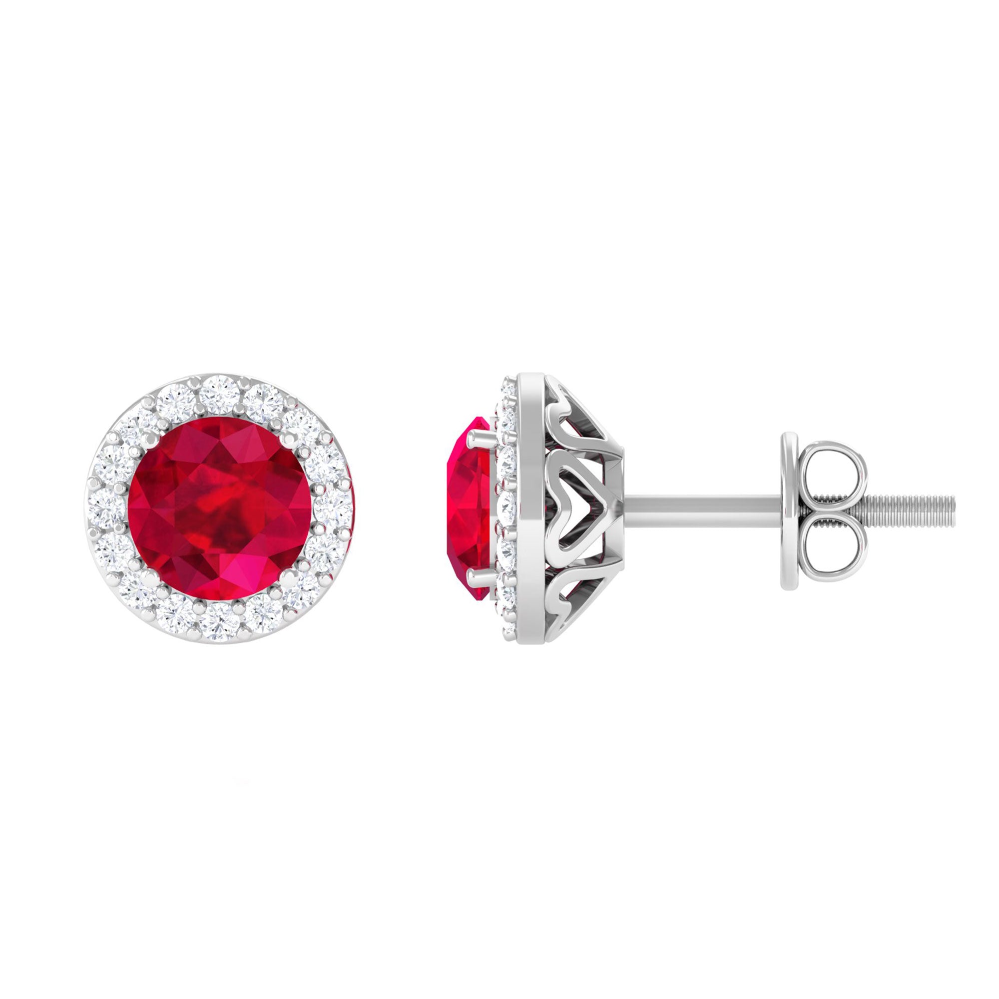 Vibrant Grown Labs-Classic Round Lab Grown Ruby Stud Earrings with Halo