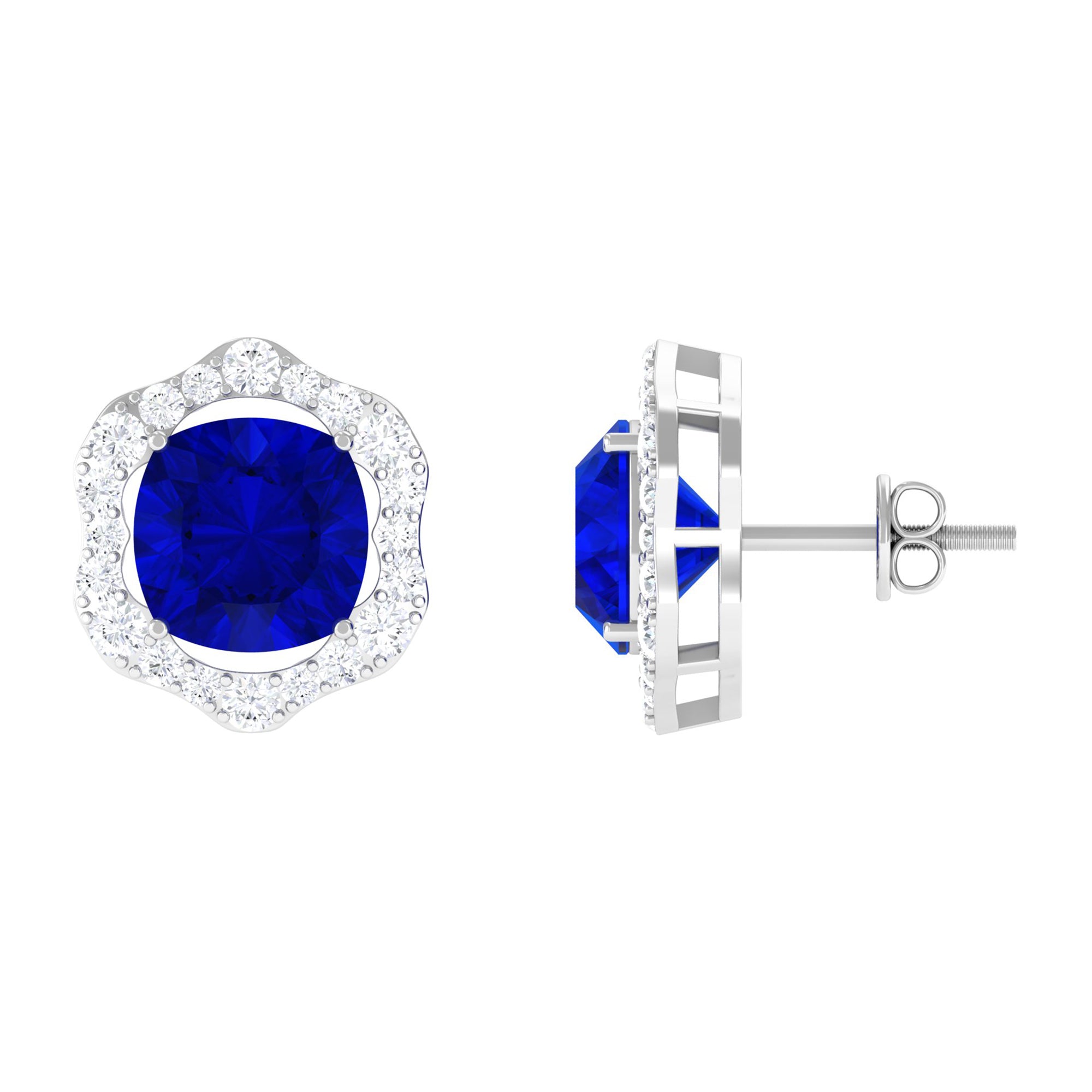 Vibrant Grown Labs-Classic Lab Grown Blue Sapphire Stud Earrings with Halo