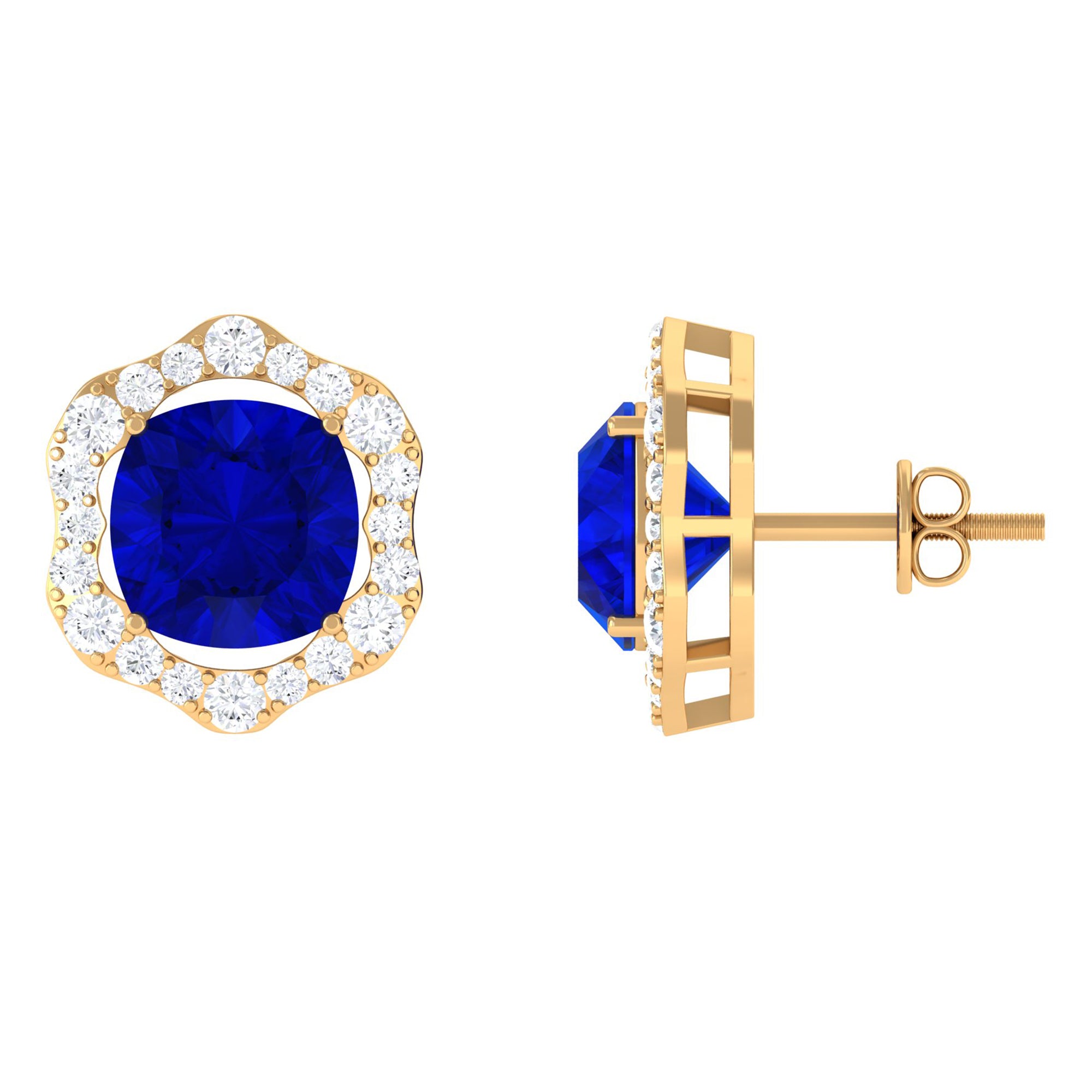 Vibrant Grown Labs-Classic Lab Grown Blue Sapphire Stud Earrings with Halo