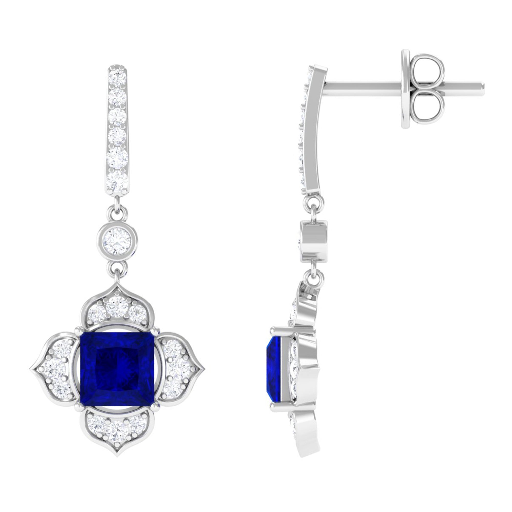 Vibrant Grown Labs-Lab Grown Blue Sapphire Floral Inspired Drop Earrings with Diamond