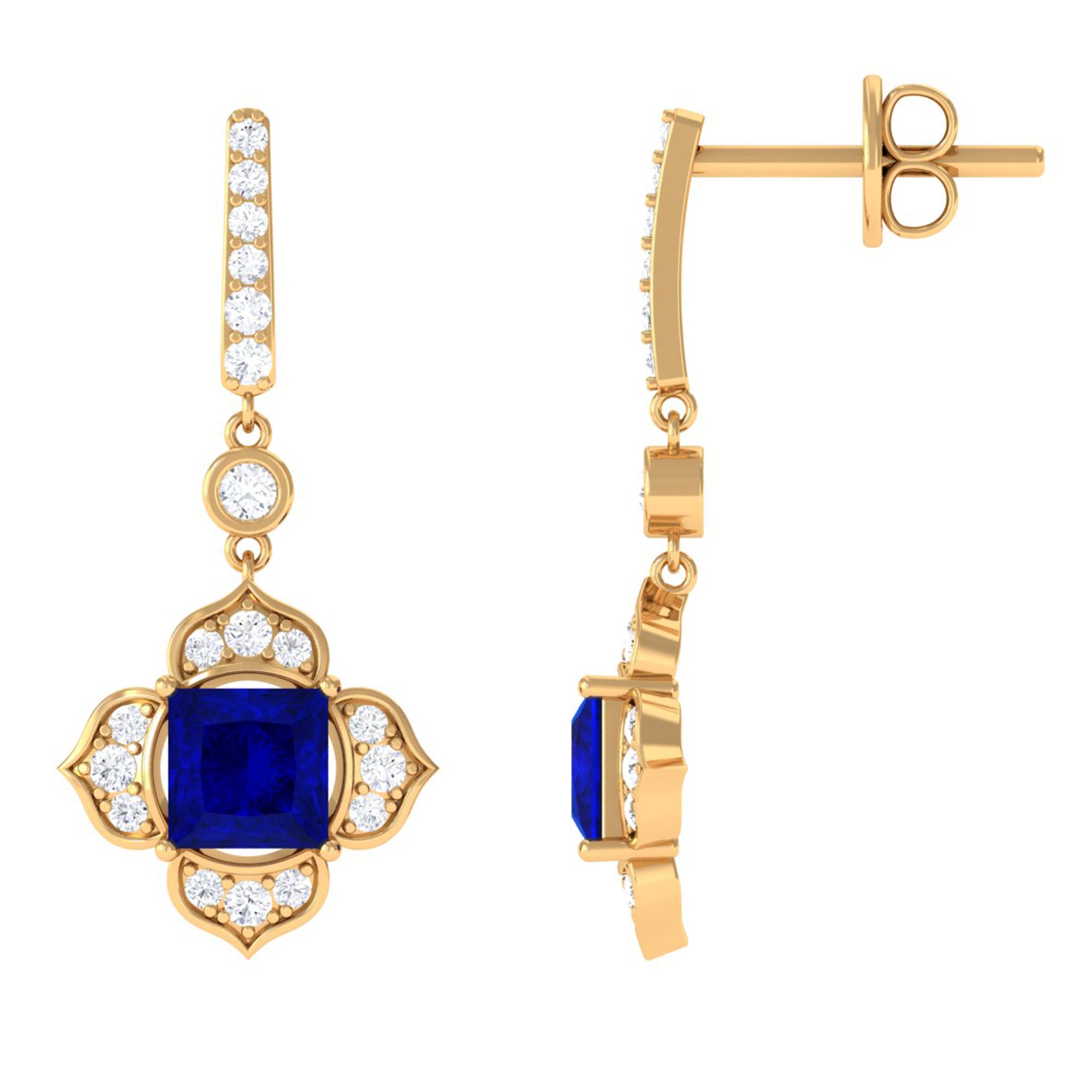 Vibrant Grown Labs-Lab Grown Blue Sapphire Floral Inspired Drop Earrings with Diamond