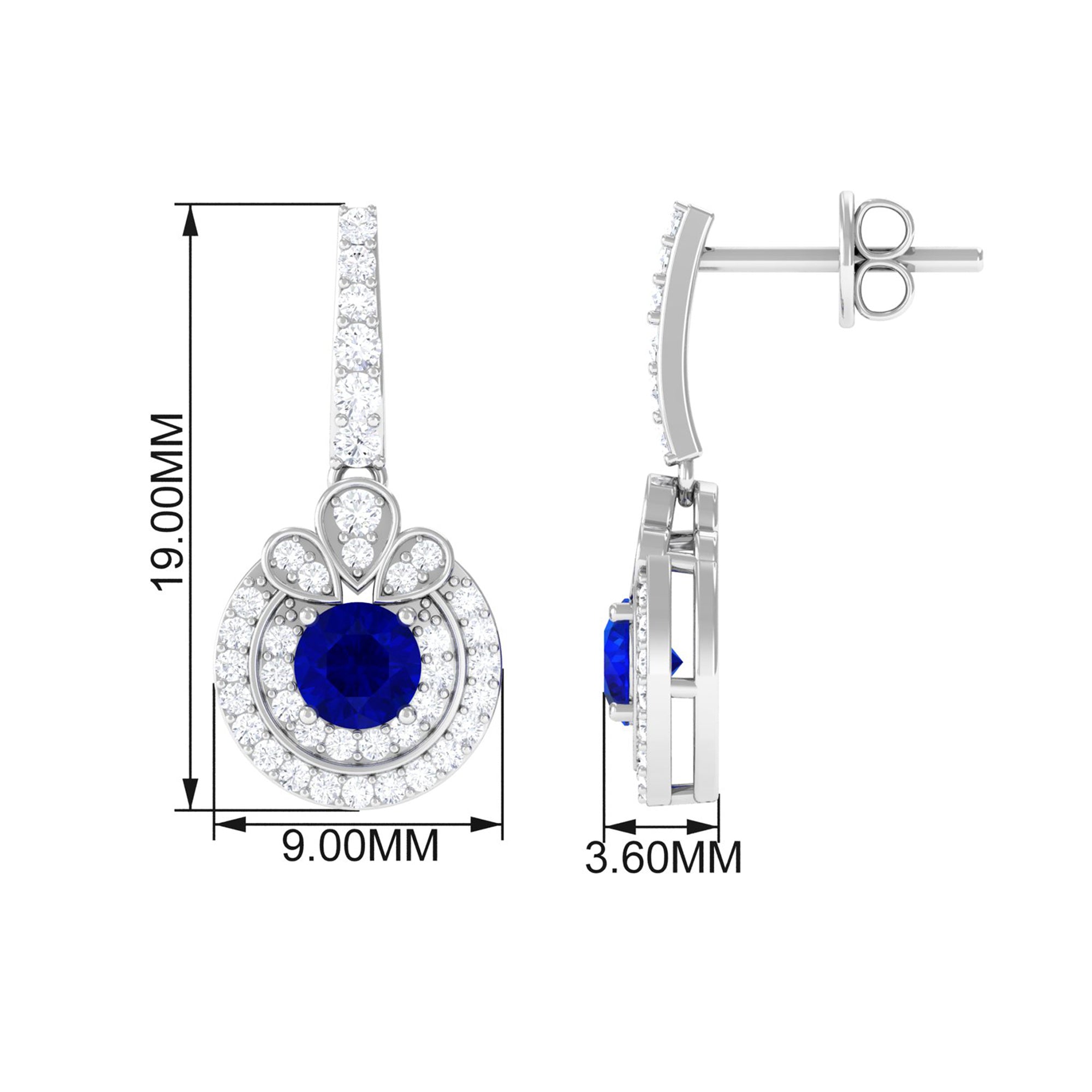 Vibrant Grown Labs-Classic Lab Grown Blue Sapphire Drop Earrings with Halo