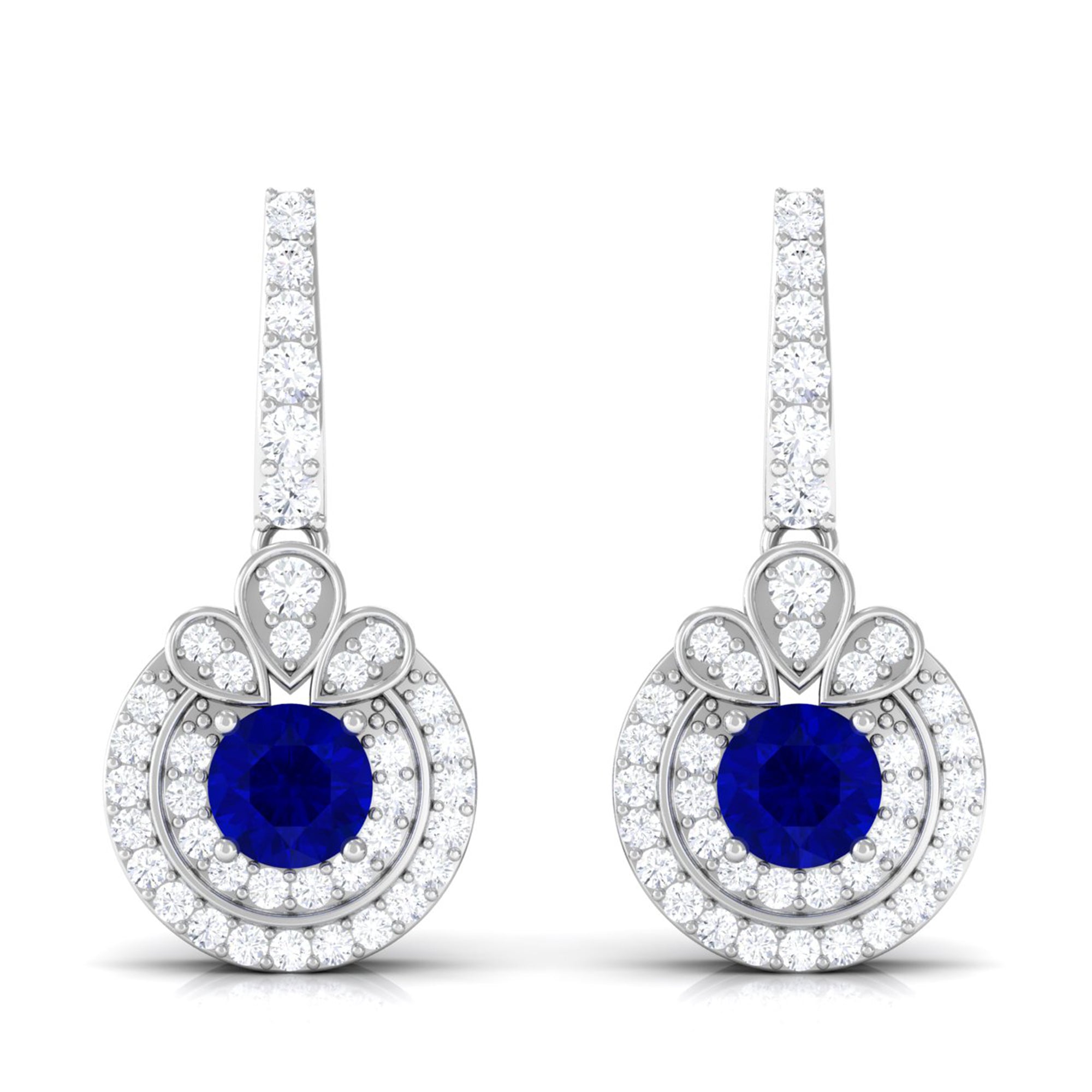 Vibrant Grown Labs-Classic Lab Grown Blue Sapphire Drop Earrings with Halo