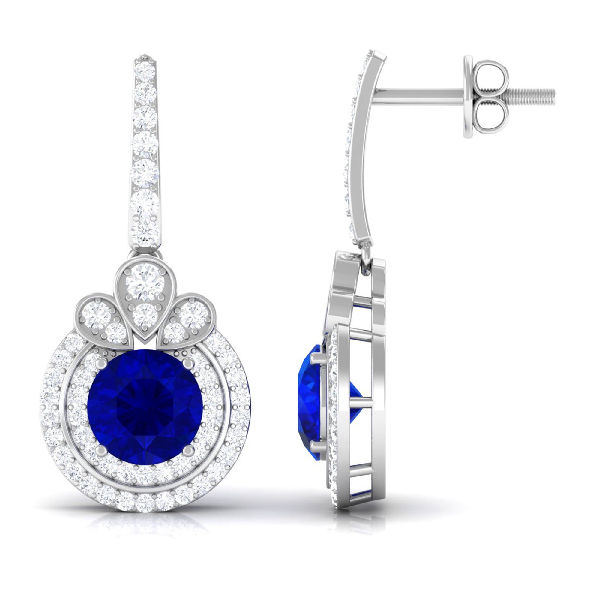 Vibrant Grown Labs-Classic Lab Grown Blue Sapphire Drop Earrings with Halo