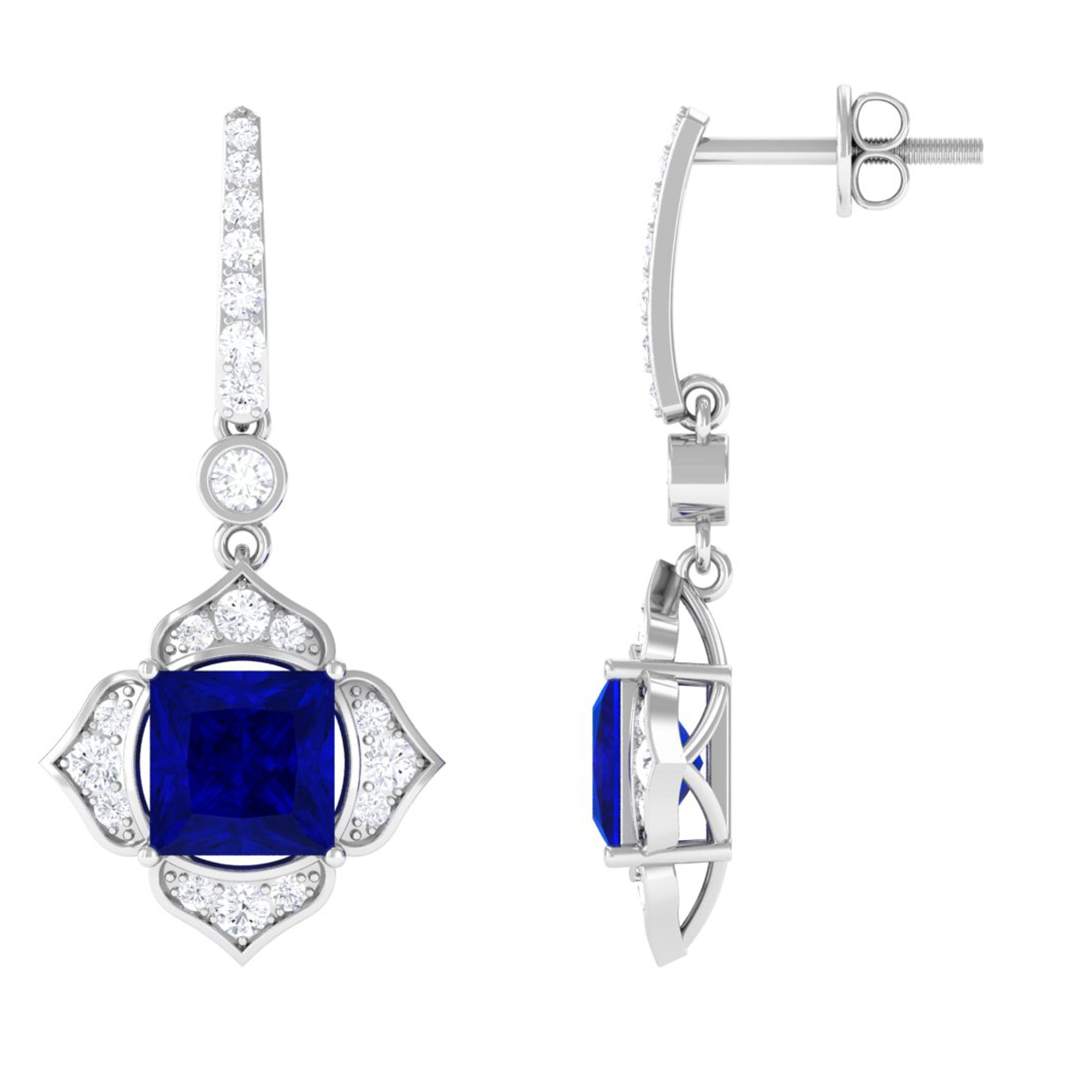 Vibrant Grown Labs-Lab Grown Blue Sapphire Floral Inspired Drop Earrings with Diamond