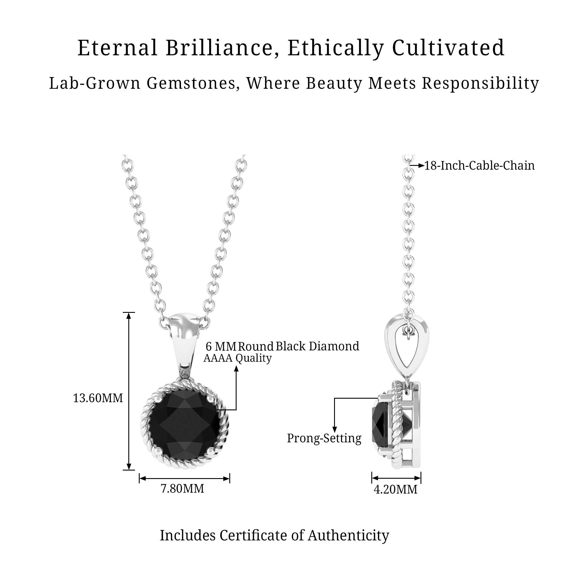 Vibrant Grown Labs-Round Shape Lab Created Black Diamond Solitaire Pendant Necklace