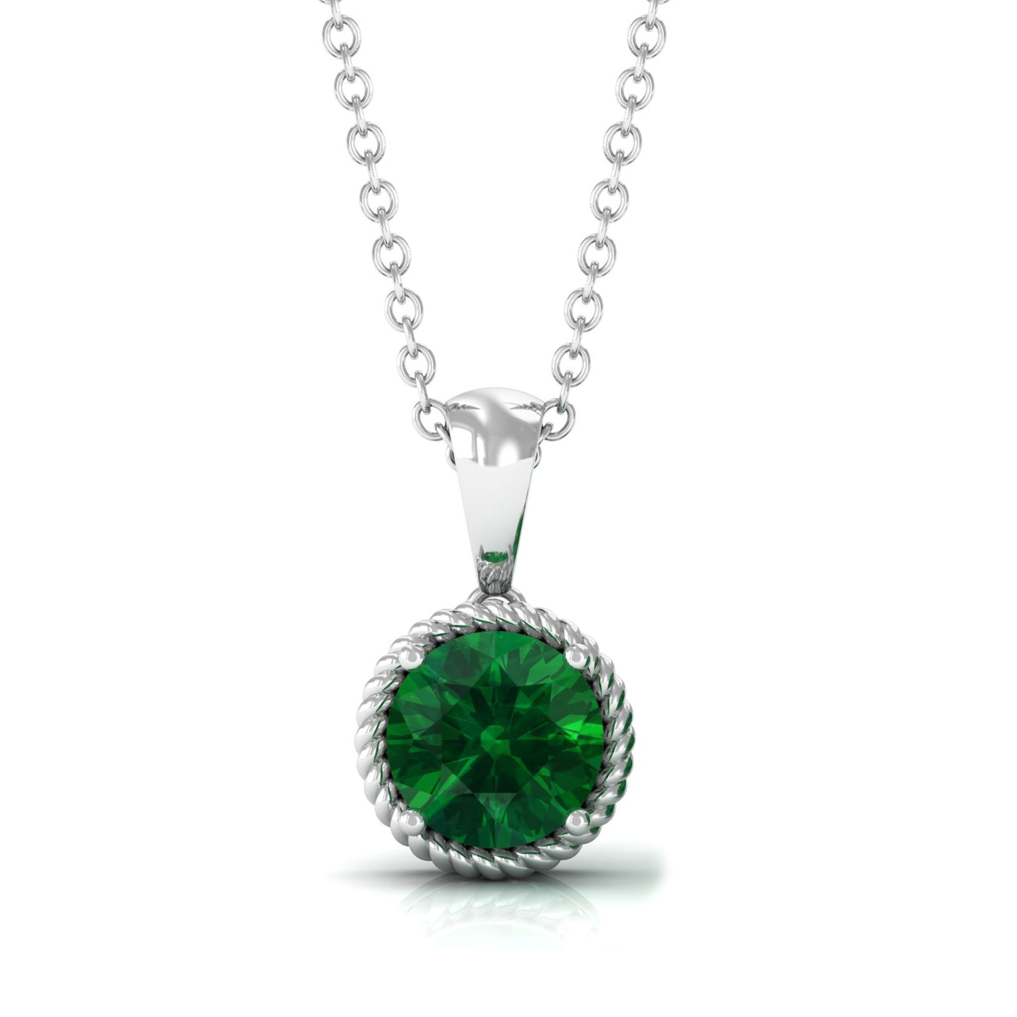 Vibrant Grown Labs-Lab Grown Emerald Solitaire Pendant Necklace with Twisted Rope