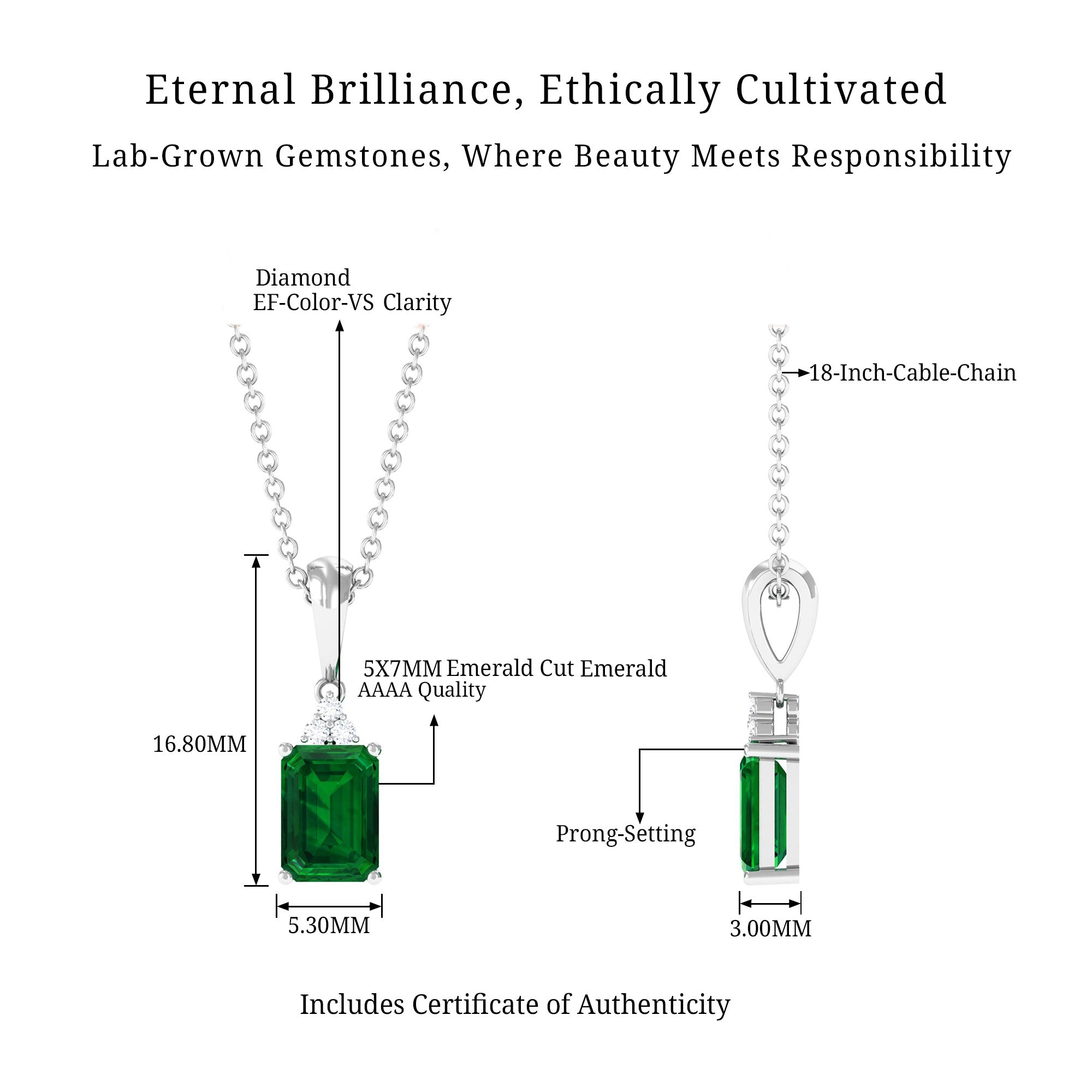 Vibrant Grown Labs-Lab Grown Emerald Pendant Necklace with Diamond Trio