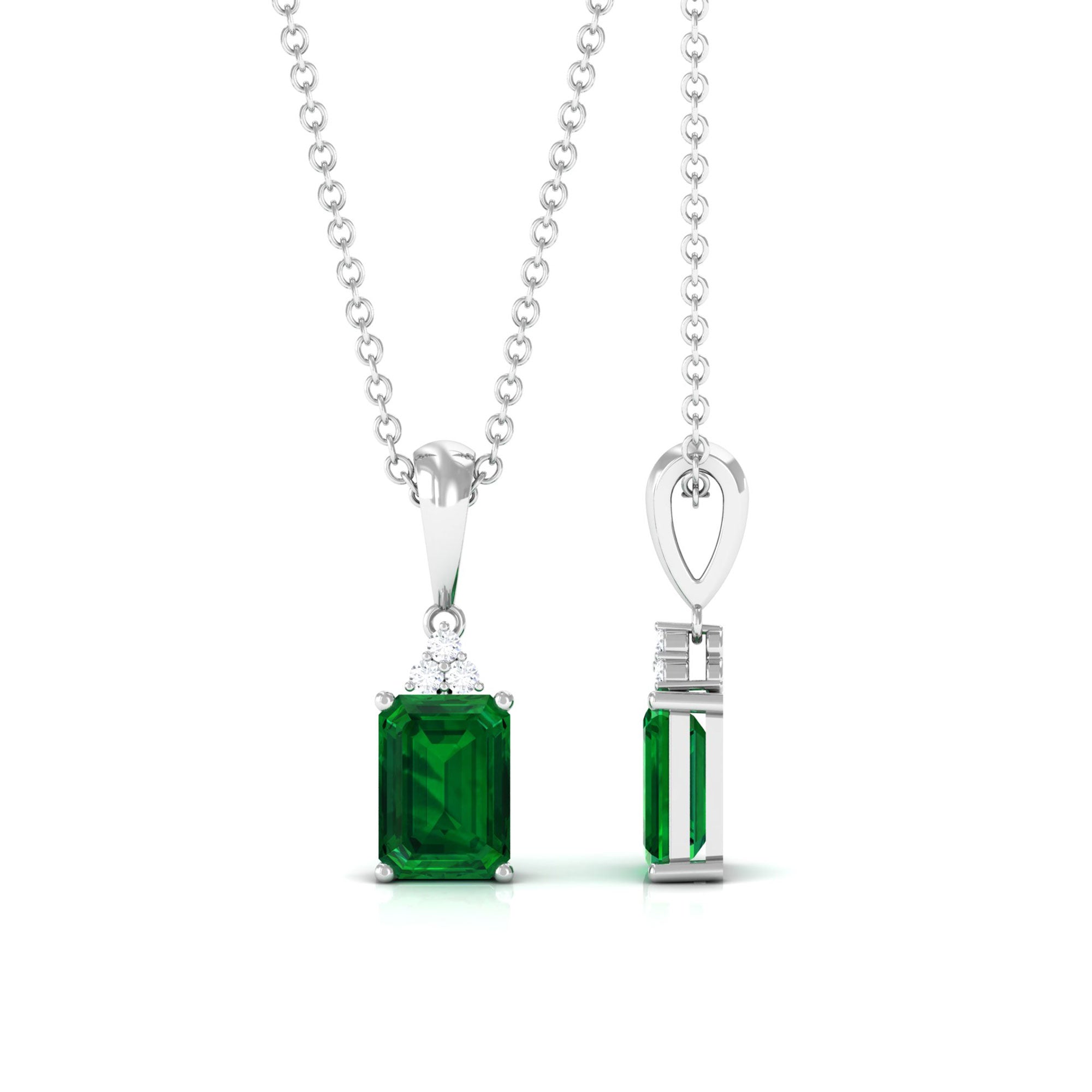 Vibrant Grown Labs-Lab Grown Emerald Pendant Necklace with Diamond Trio