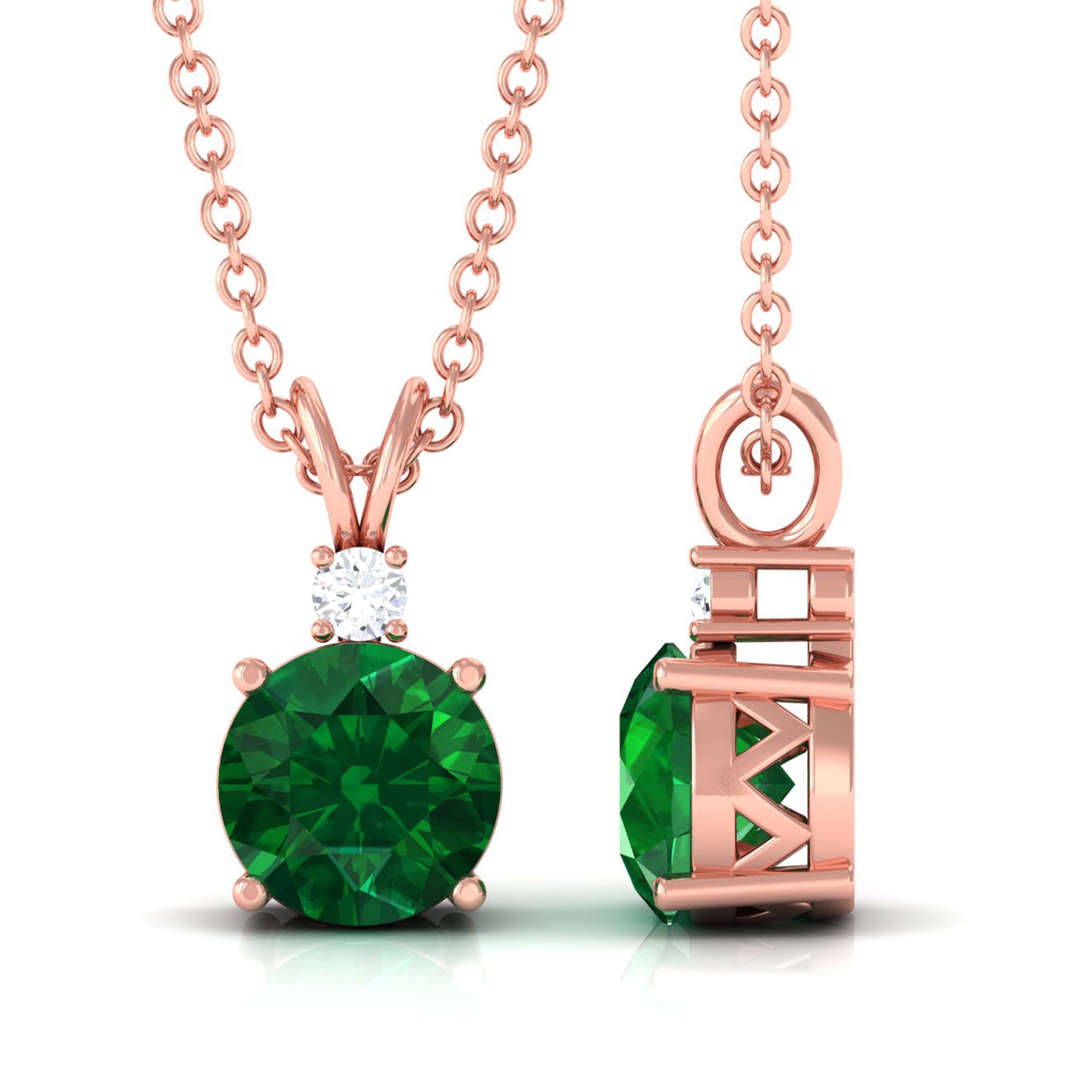 Vibrant Grown Labs-Lab Grown Emerald Solitaire Pendant Necklace with Diamond