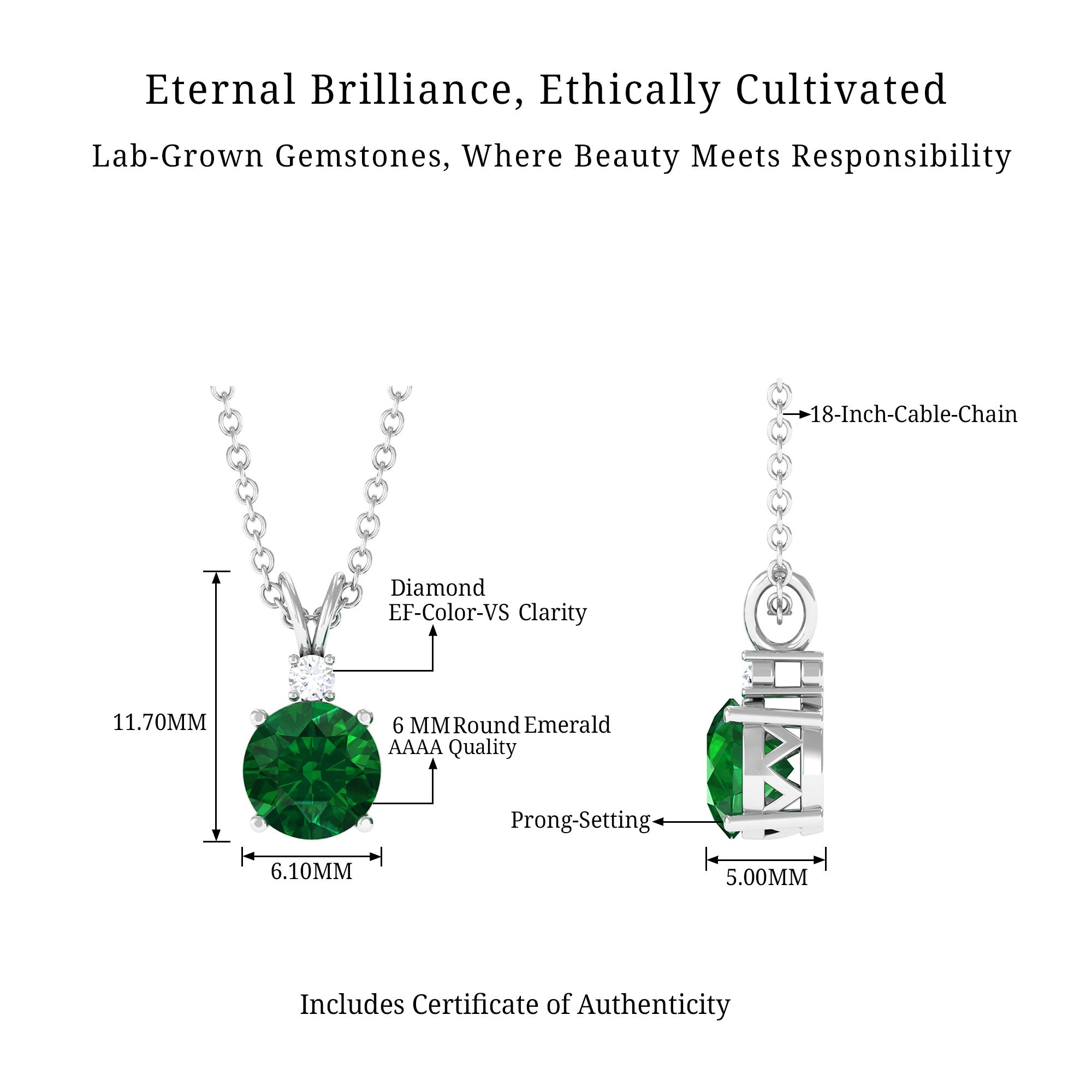 Vibrant Grown Labs-Lab Grown Emerald Solitaire Pendant Necklace with Diamond