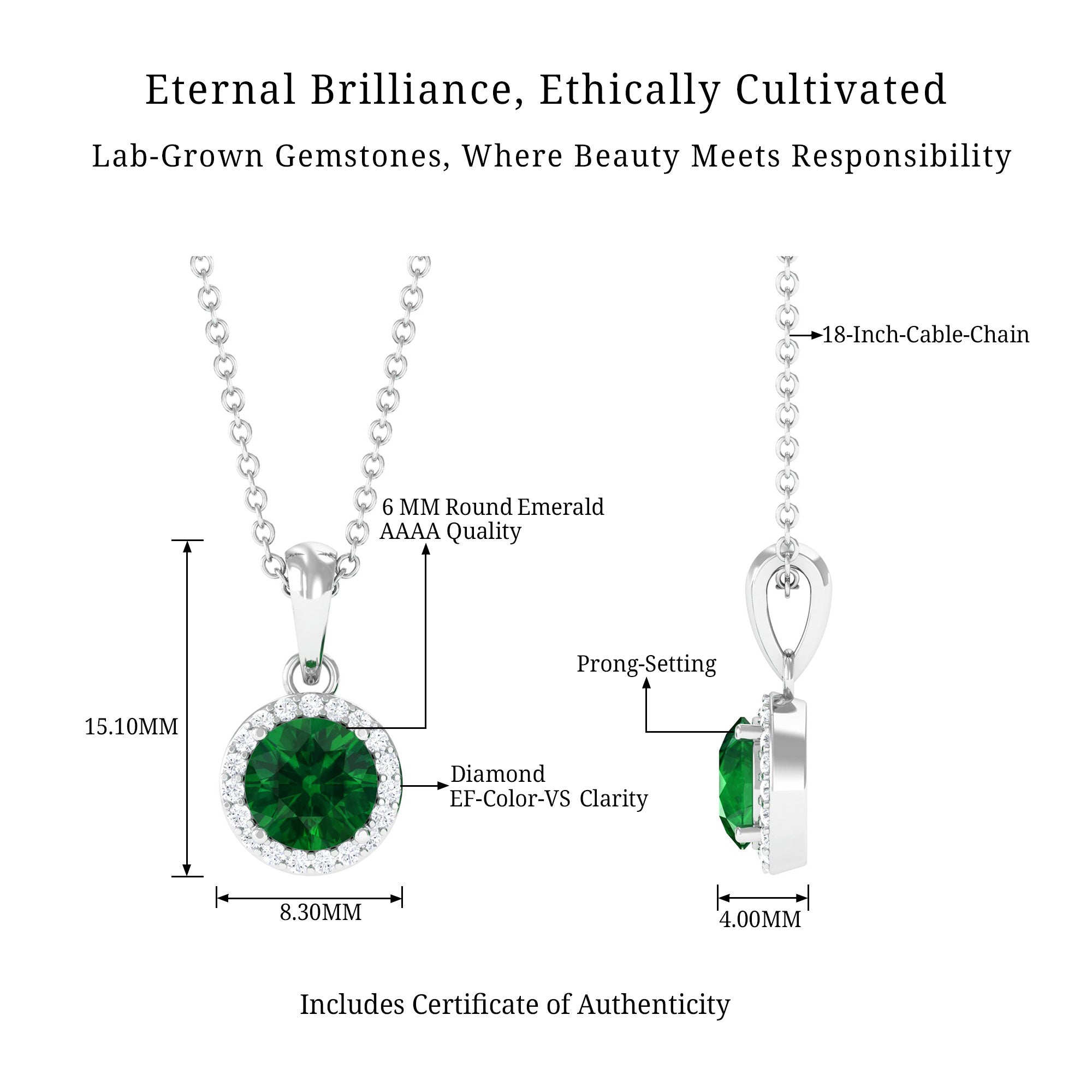 Vibrant Grown Labs-Lab Grown Emerald Classic Halo Pendant Necklace with Diamond