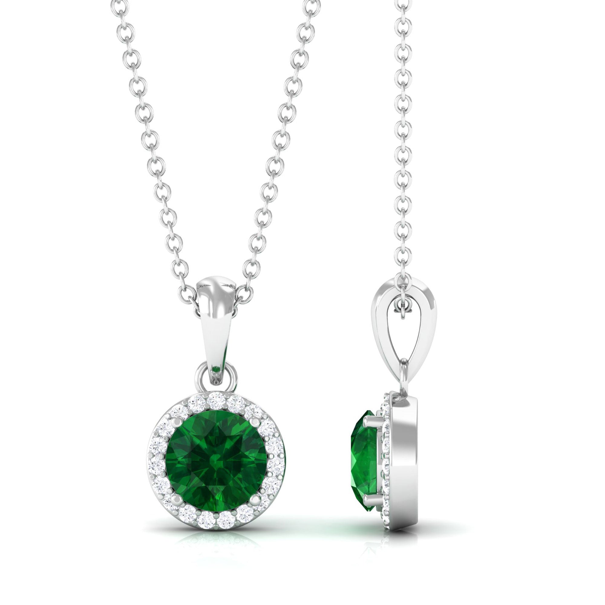 Vibrant Grown Labs-Lab Grown Emerald Classic Halo Pendant Necklace with Diamond