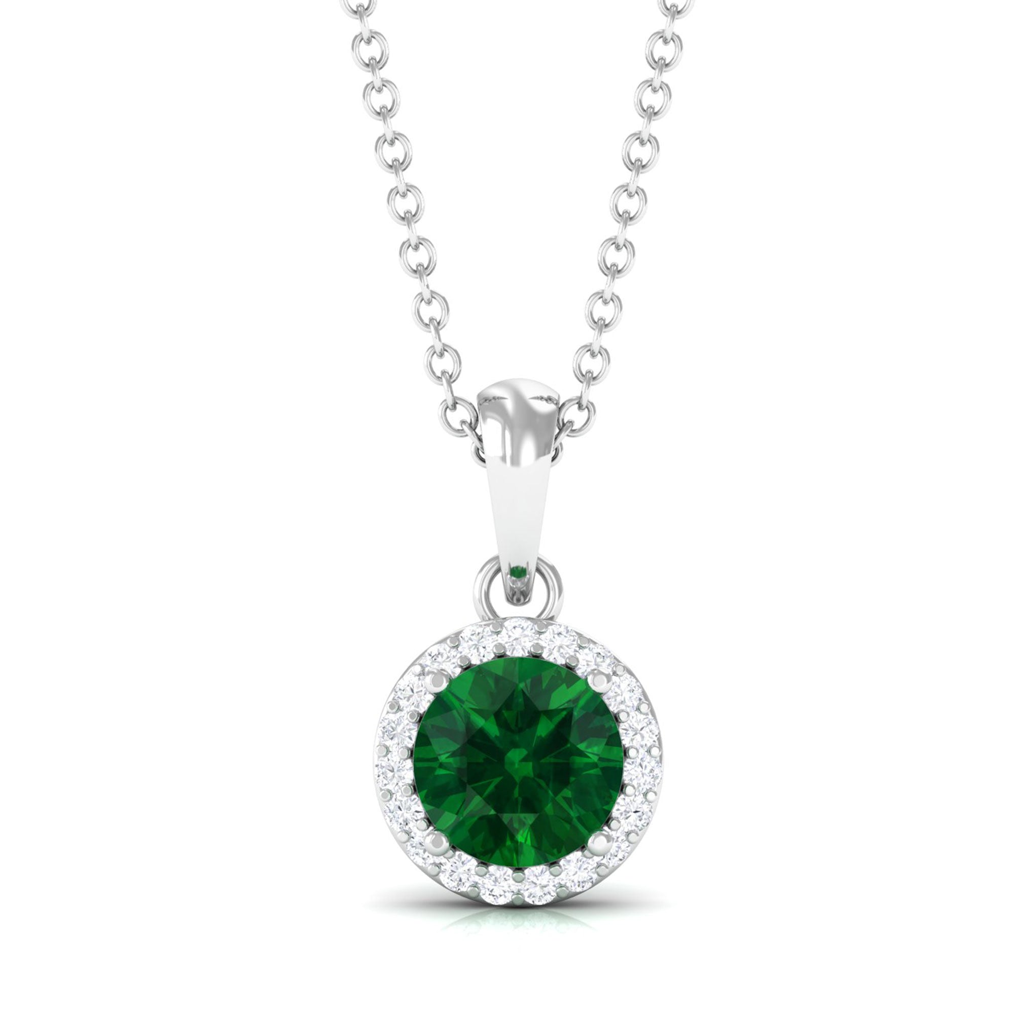 Vibrant Grown Labs-Lab Grown Emerald Classic Halo Pendant Necklace with Diamond