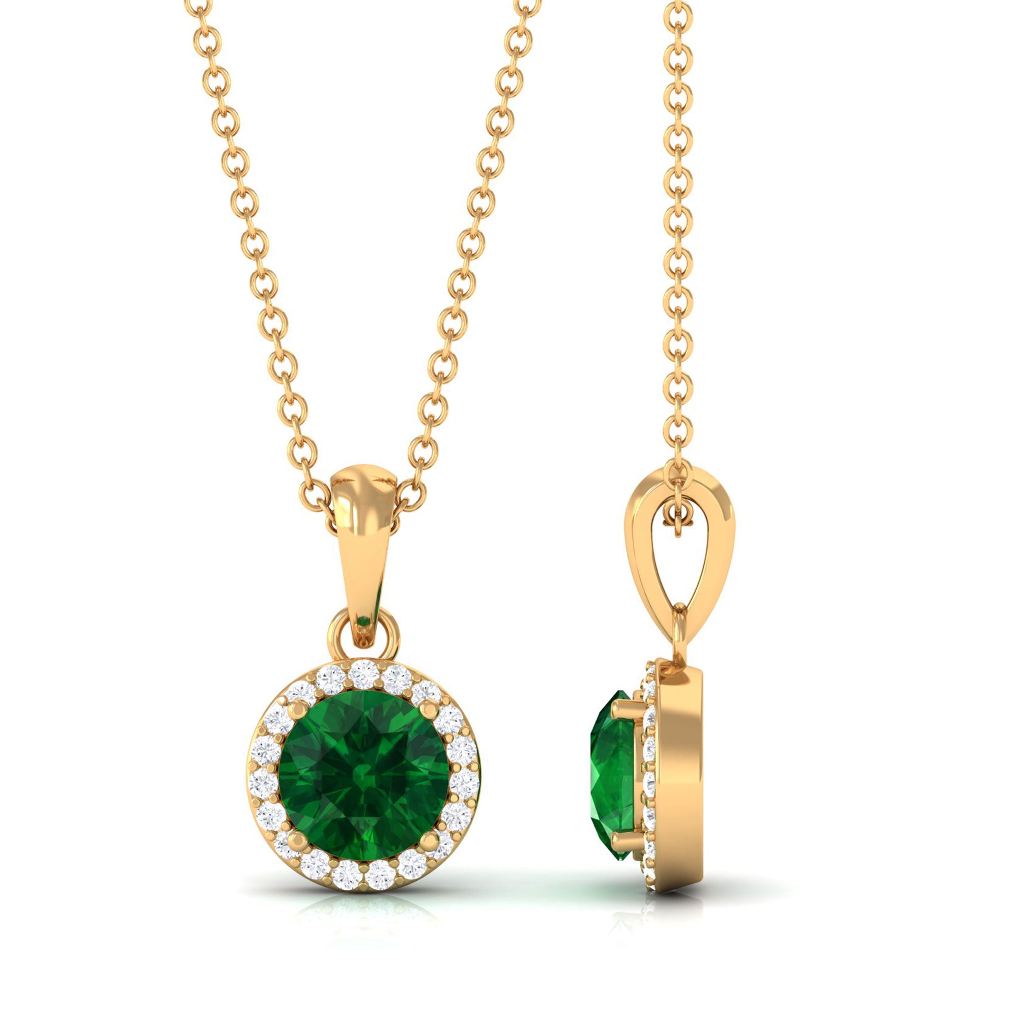 Vibrant Grown Labs-Lab Grown Emerald Classic Halo Pendant Necklace with Diamond