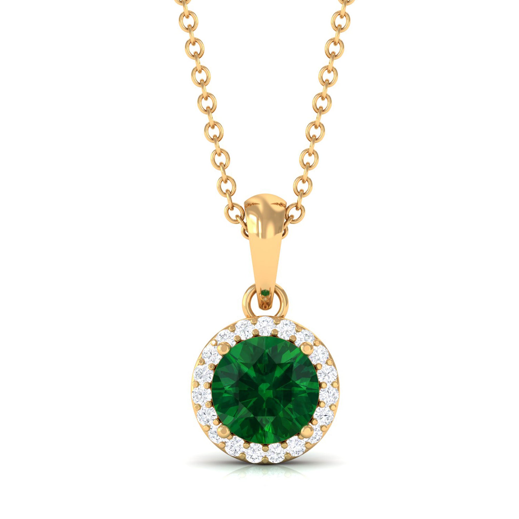 Vibrant Grown Labs-Lab Grown Emerald Classic Halo Pendant Necklace with Diamond