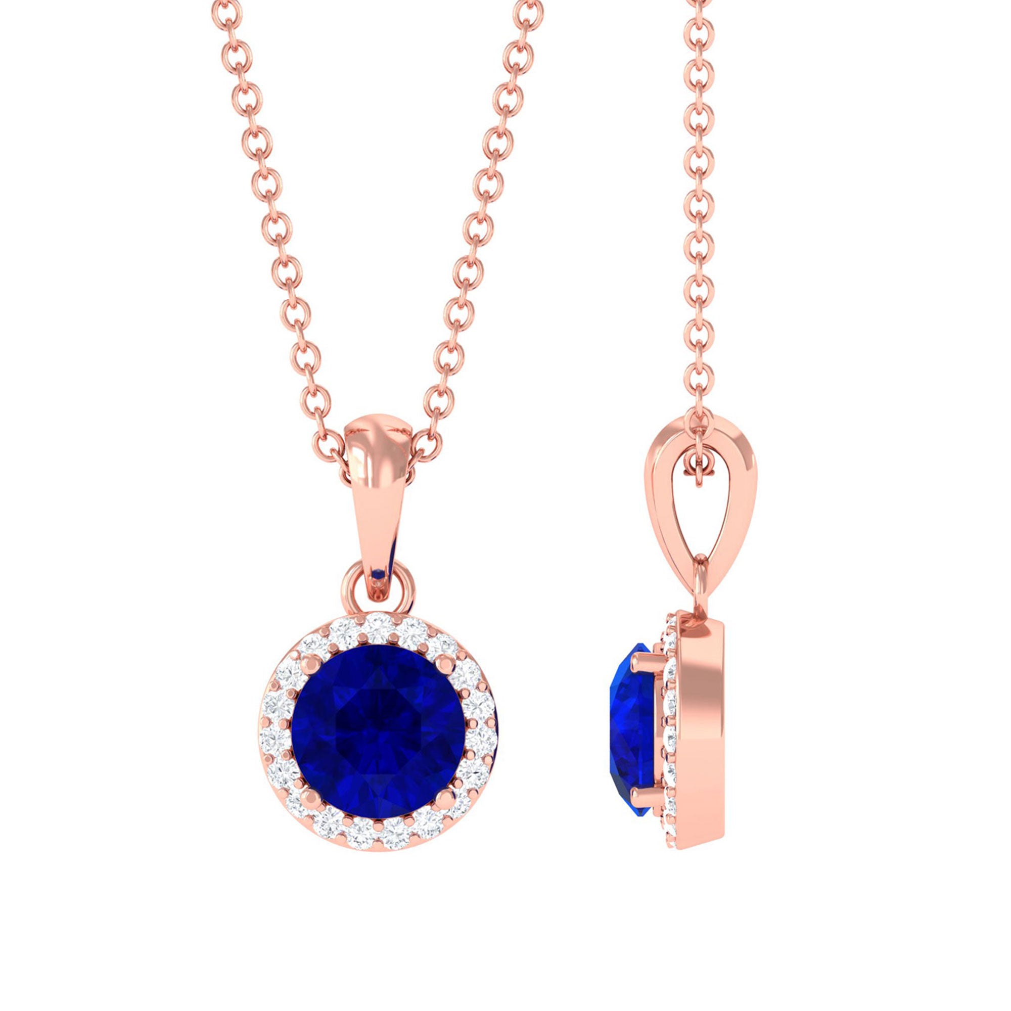 Vibrant Grown Labs-Lab Grown Blue Sapphire Pendant Necklace With Halo