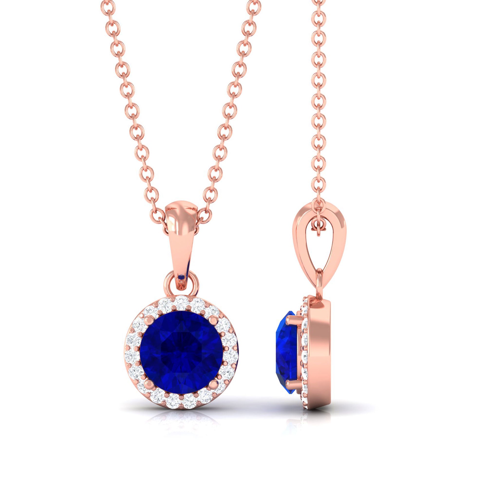 Vibrant Grown Labs-Lab Grown Blue Sapphire Pendant Necklace With Halo