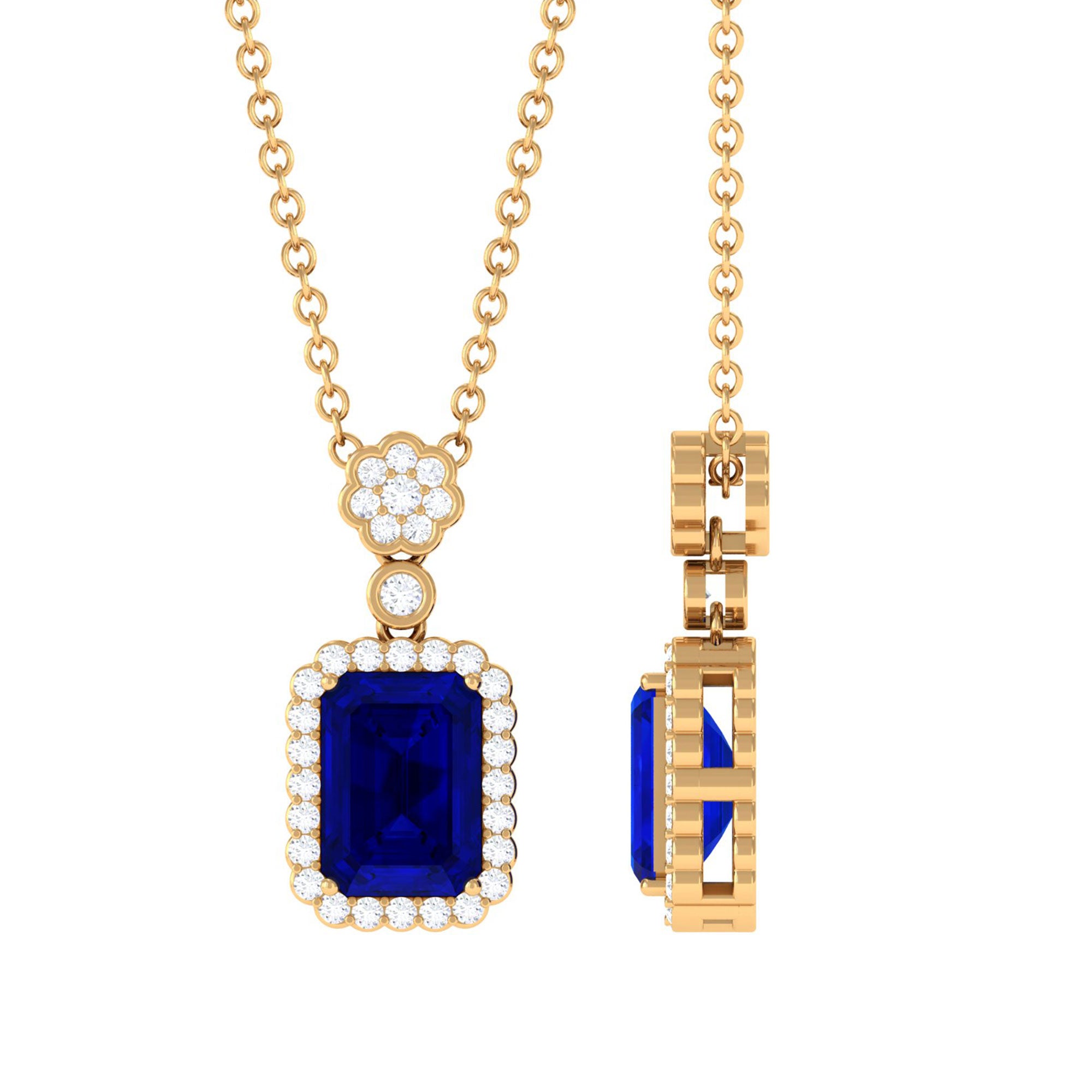 Vibrant Grown Labs-Lab Grown Blue Sapphire Art Deco Pendant Necklace