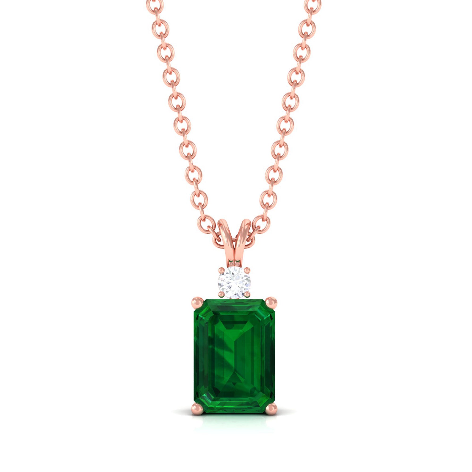 Vibrant Grown Labs-Emerald Cut Solitaire Pendant Necklace with Lab Grown Emerald