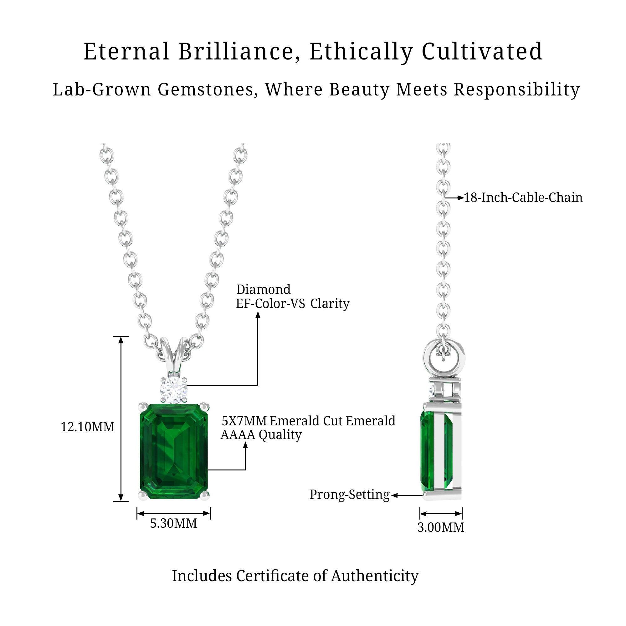 Vibrant Grown Labs-Emerald Cut Solitaire Pendant Necklace with Lab Grown Emerald