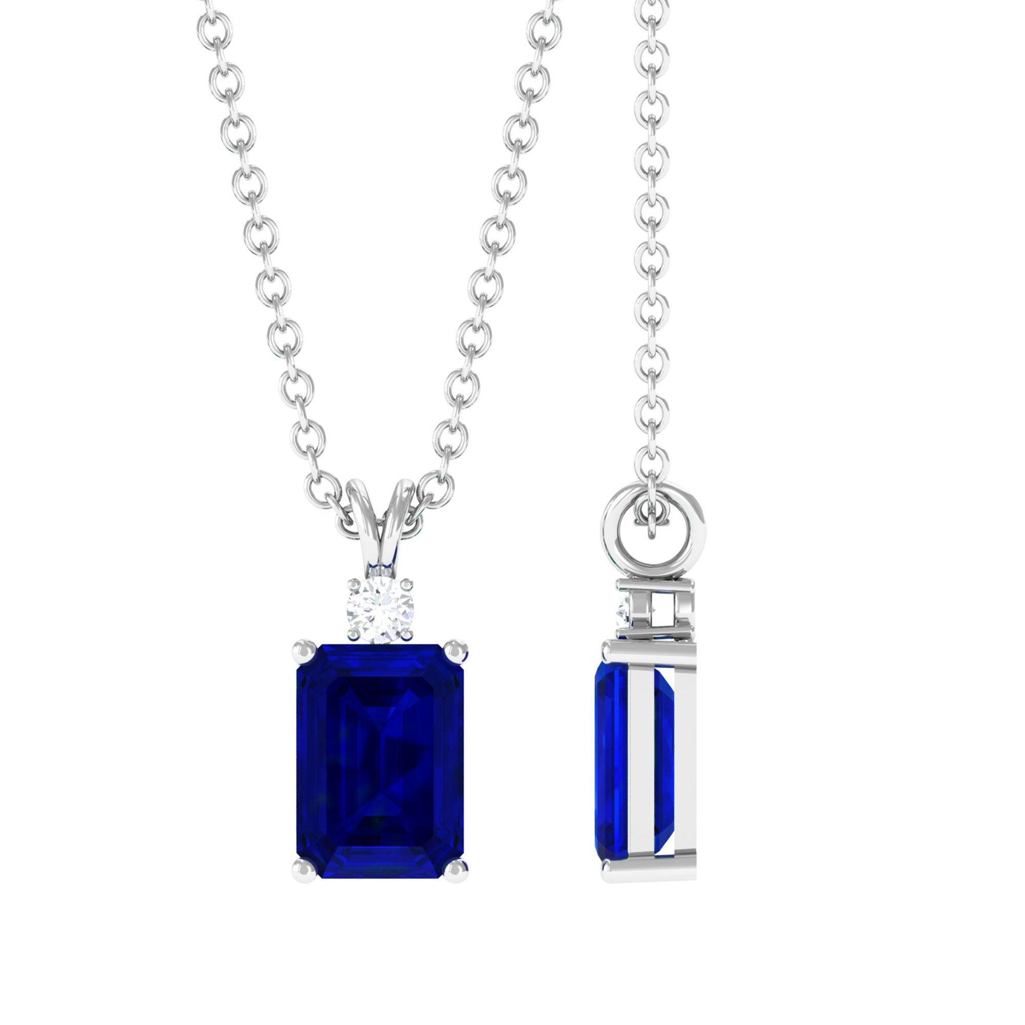 Vibrant Grown Labs-Emerald Cut Lab Grown Blue Sapphire Solitaire Pendant Necklace