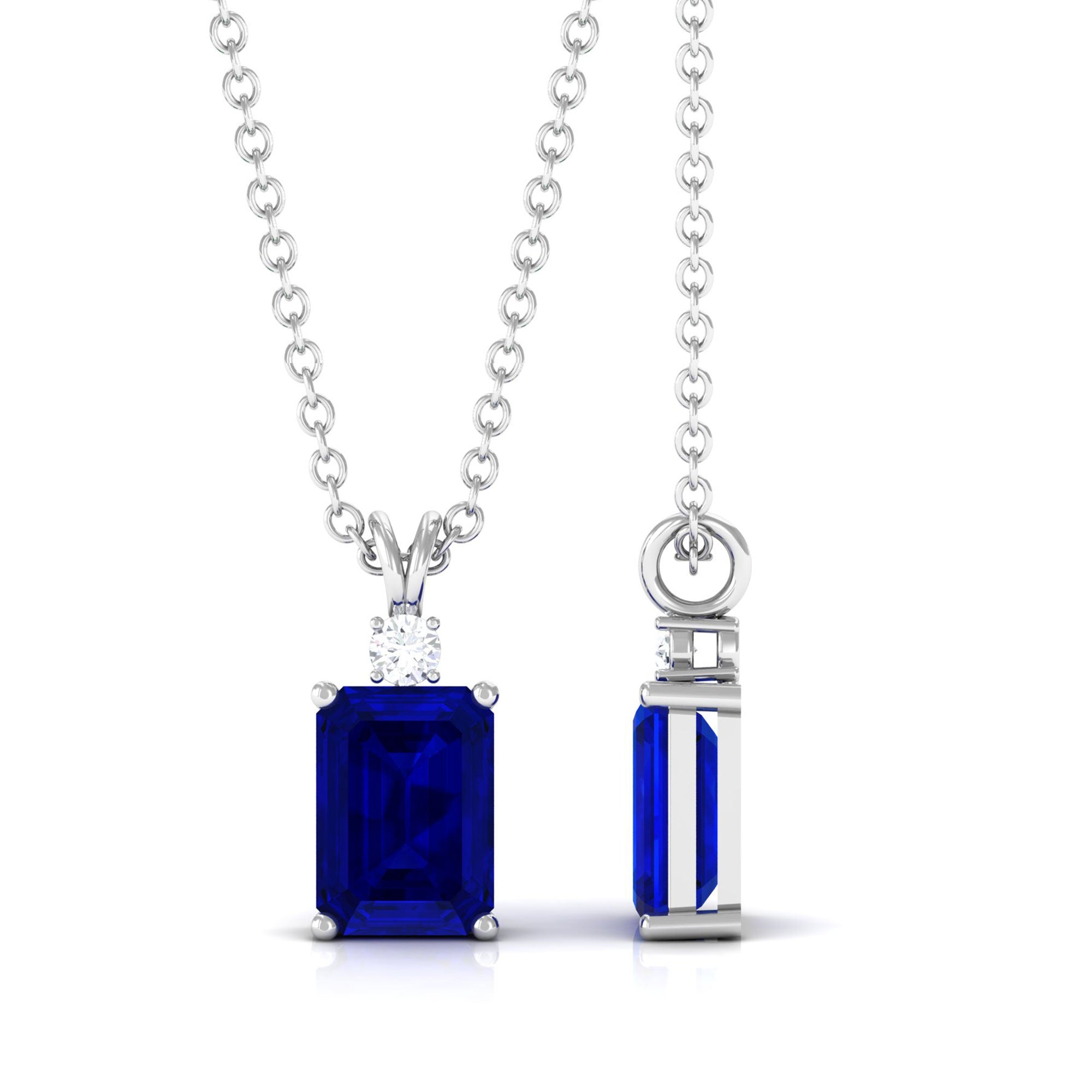 Vibrant Grown Labs-Emerald Cut Lab Grown Blue Sapphire Solitaire Pendant Necklace