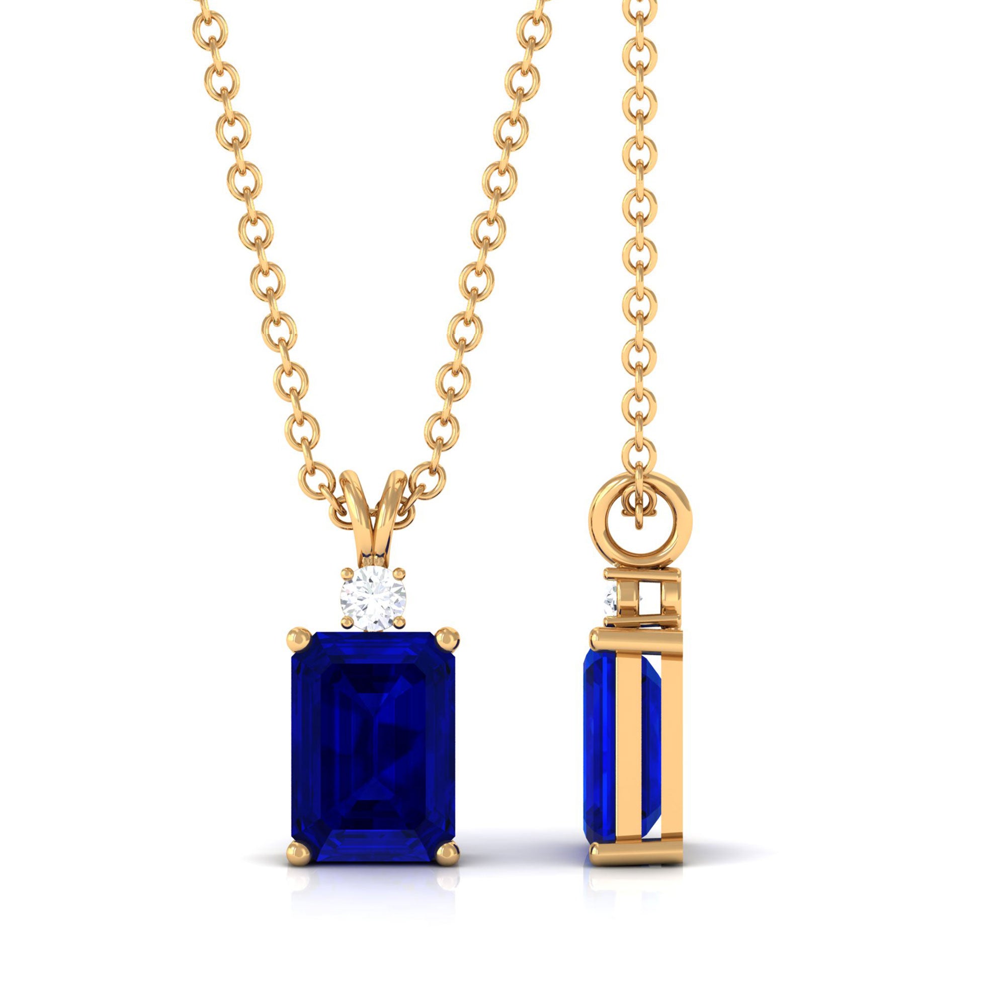 Vibrant Grown Labs-Emerald Cut Lab Grown Blue Sapphire Solitaire Pendant Necklace