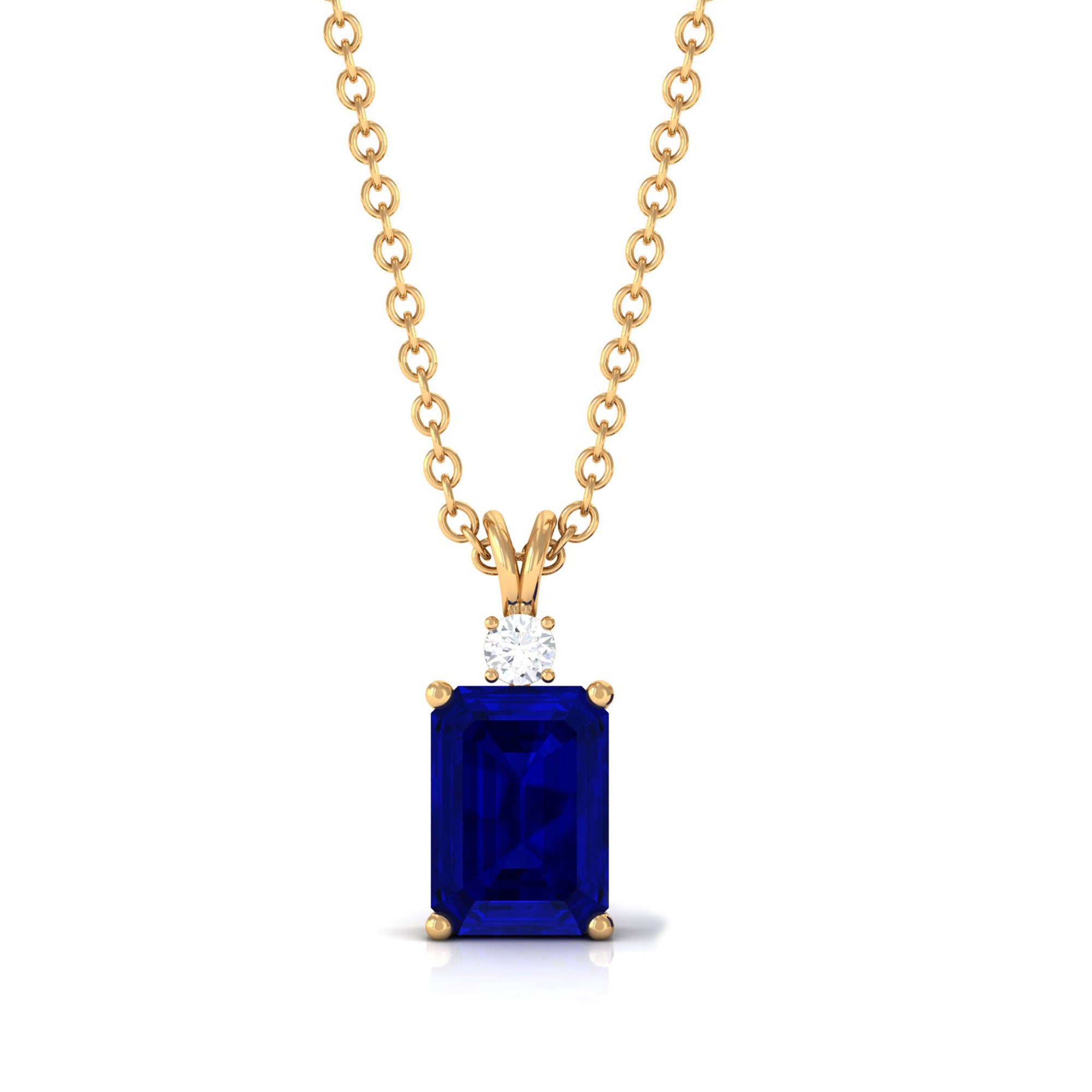 Vibrant Grown Labs-Emerald Cut Lab Grown Blue Sapphire Solitaire Pendant Necklace