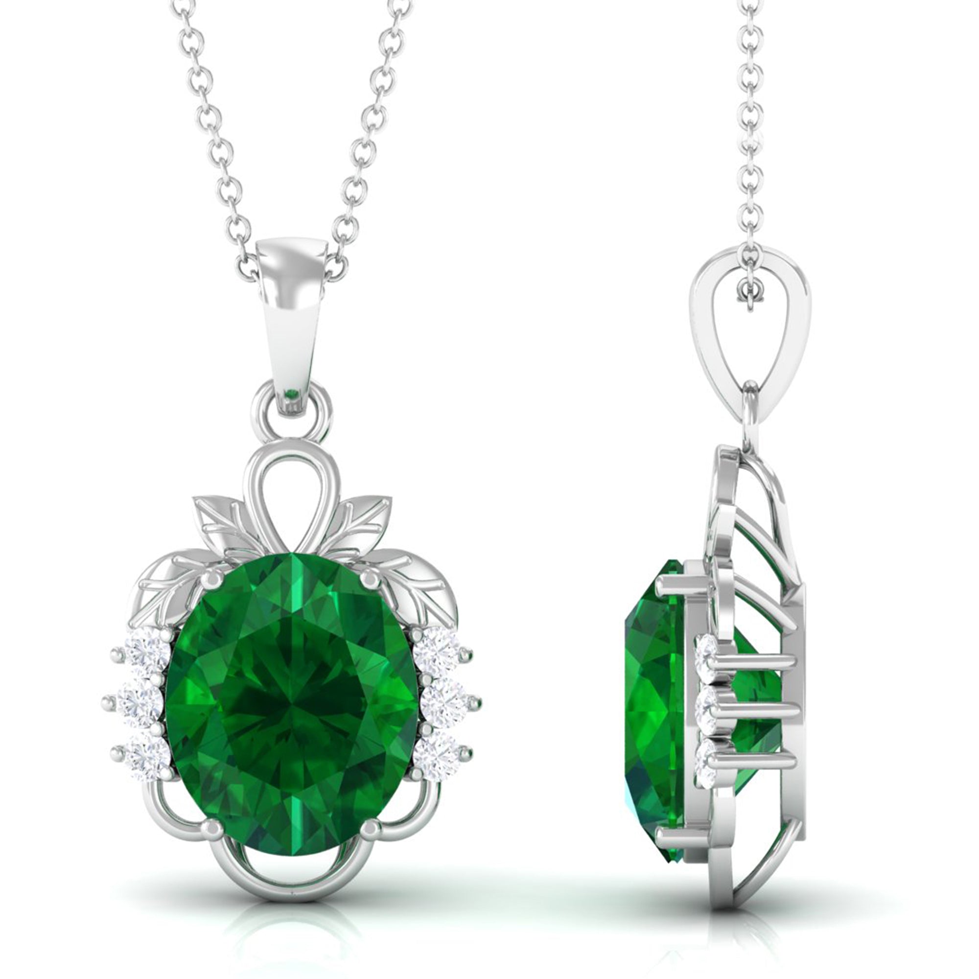 Vibrant Grown Labs-Created Emerald Oval Statement Pendant Necklace with Diamond