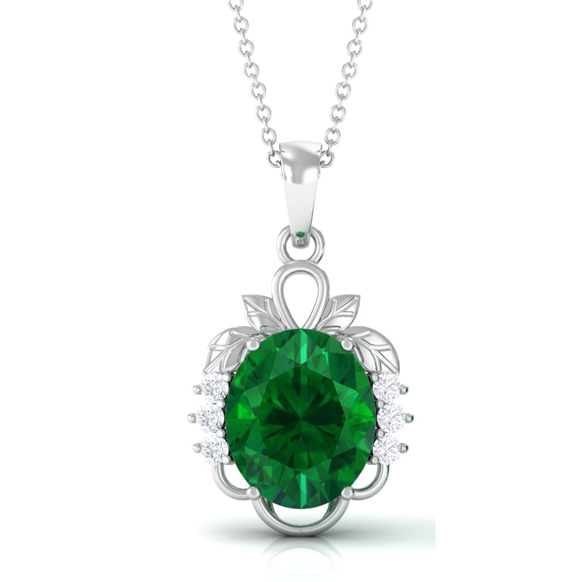 Vibrant Grown Labs-Created Emerald Oval Statement Pendant Necklace with Diamond