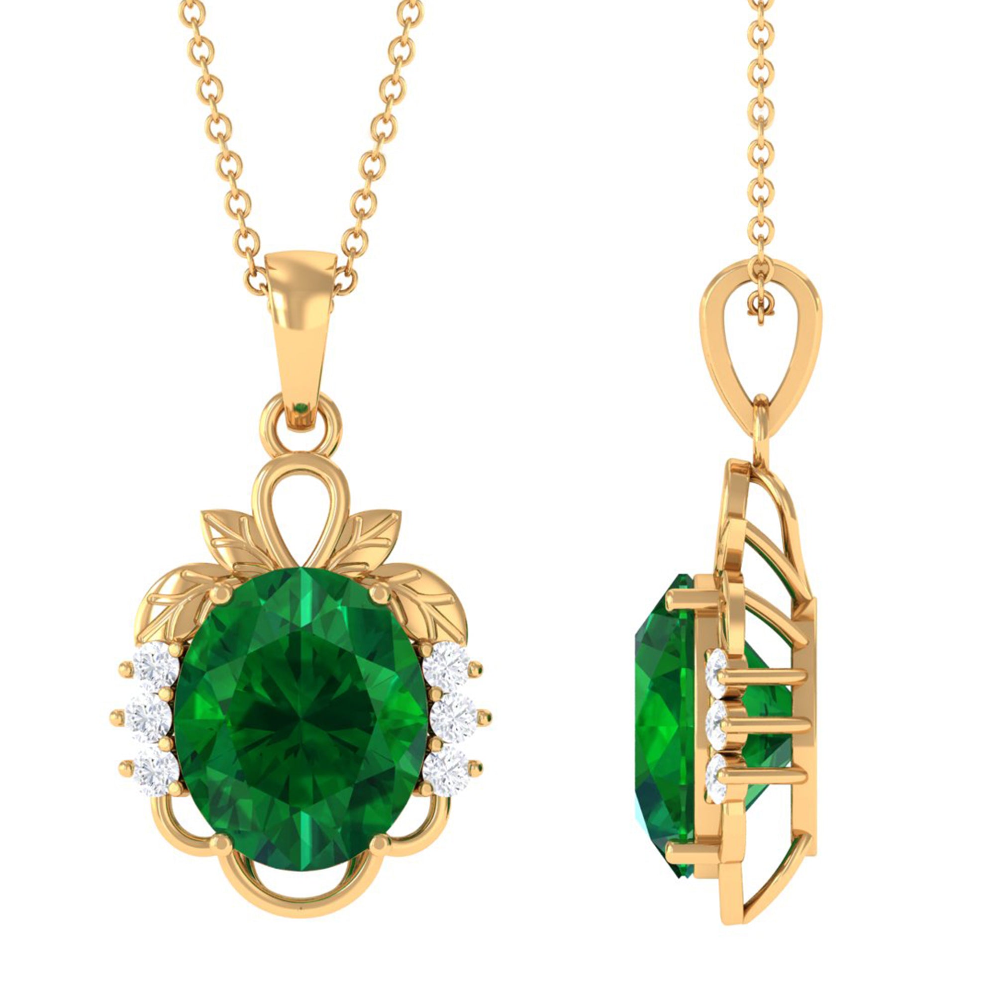 Vibrant Grown Labs-Created Emerald Oval Statement Pendant Necklace with Diamond