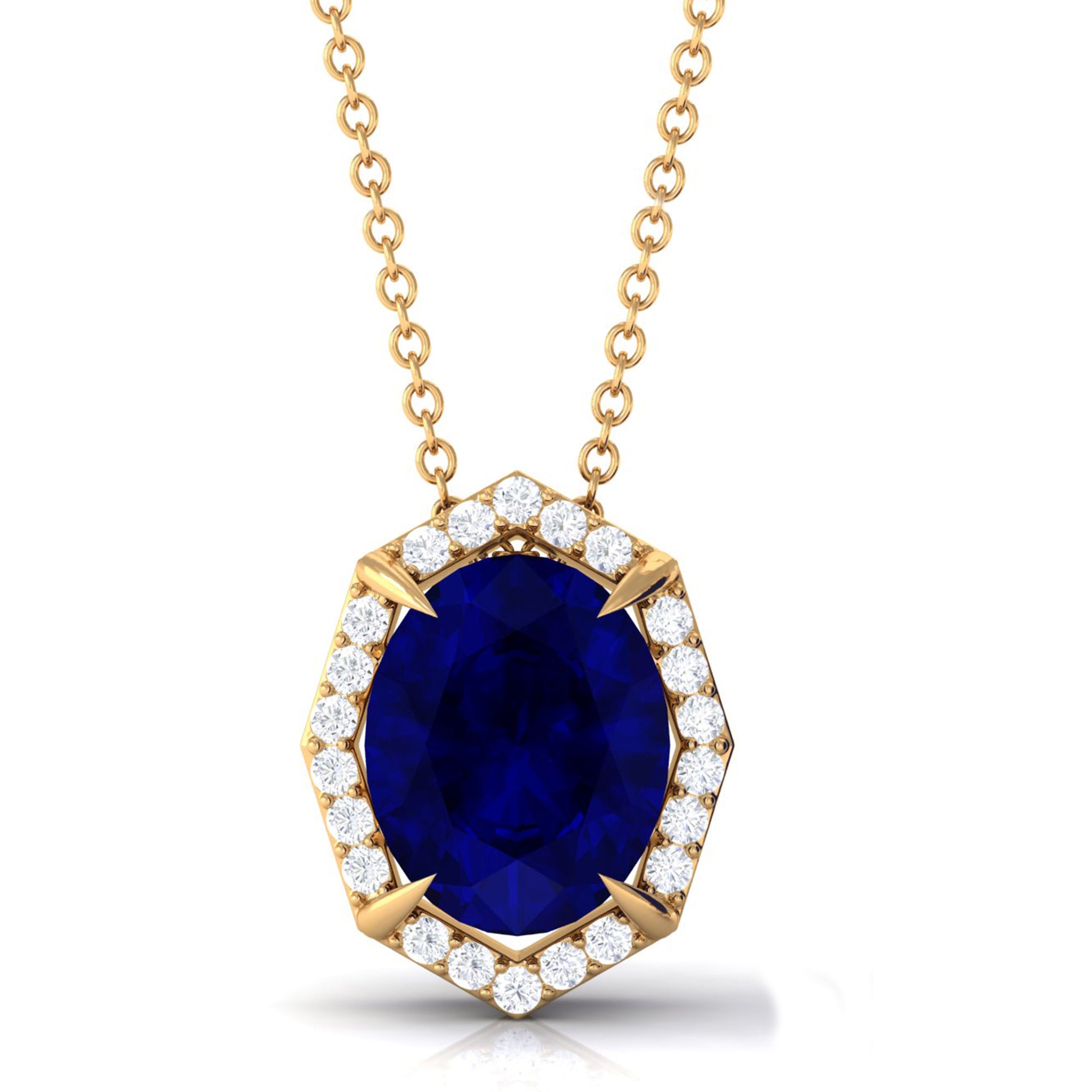 Vibrant Grown Labs-Lab Created Blue Sapphire Art Deco Pendant Necklace with Diamond