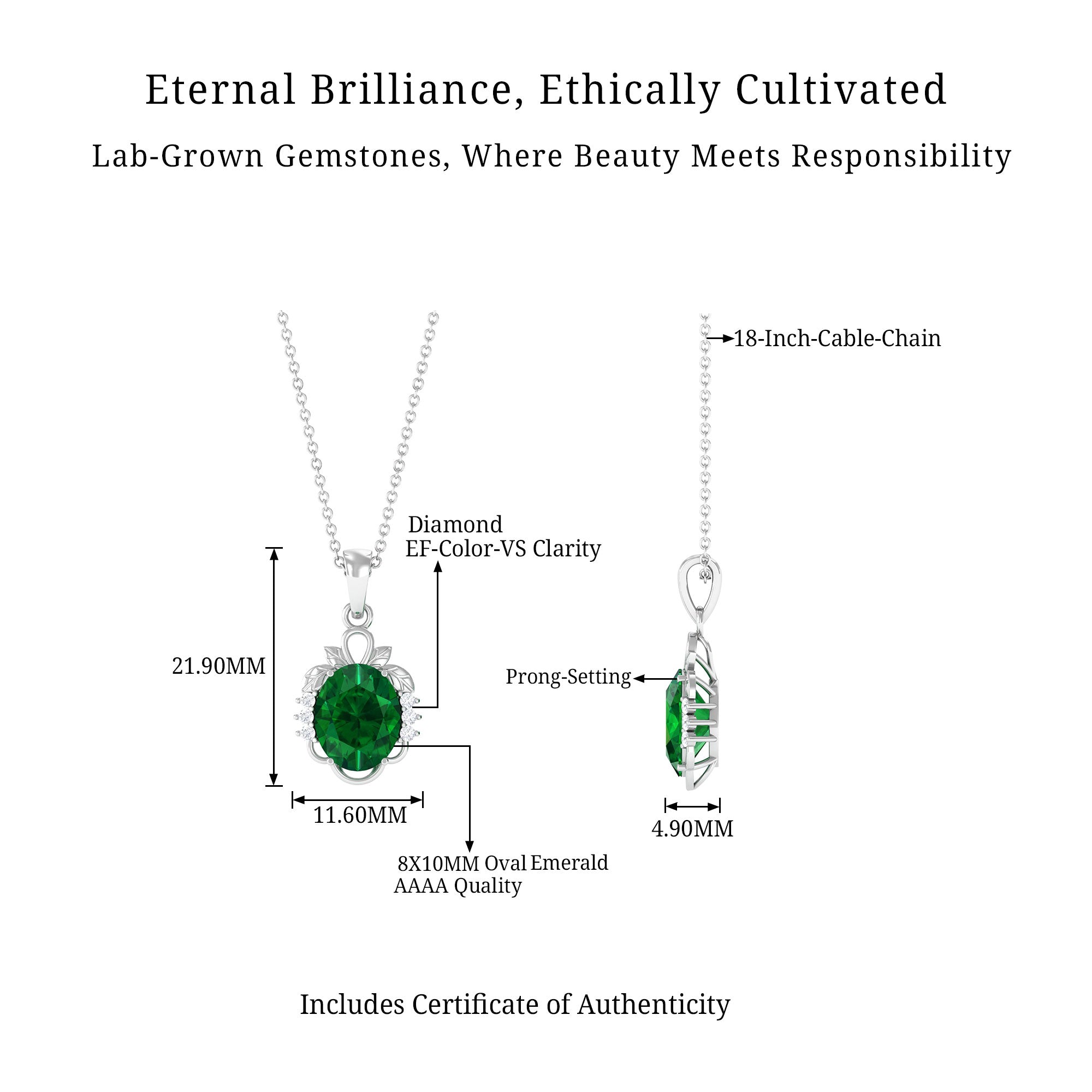 Vibrant Grown Labs-Created Emerald Oval Statement Pendant Necklace with Diamond