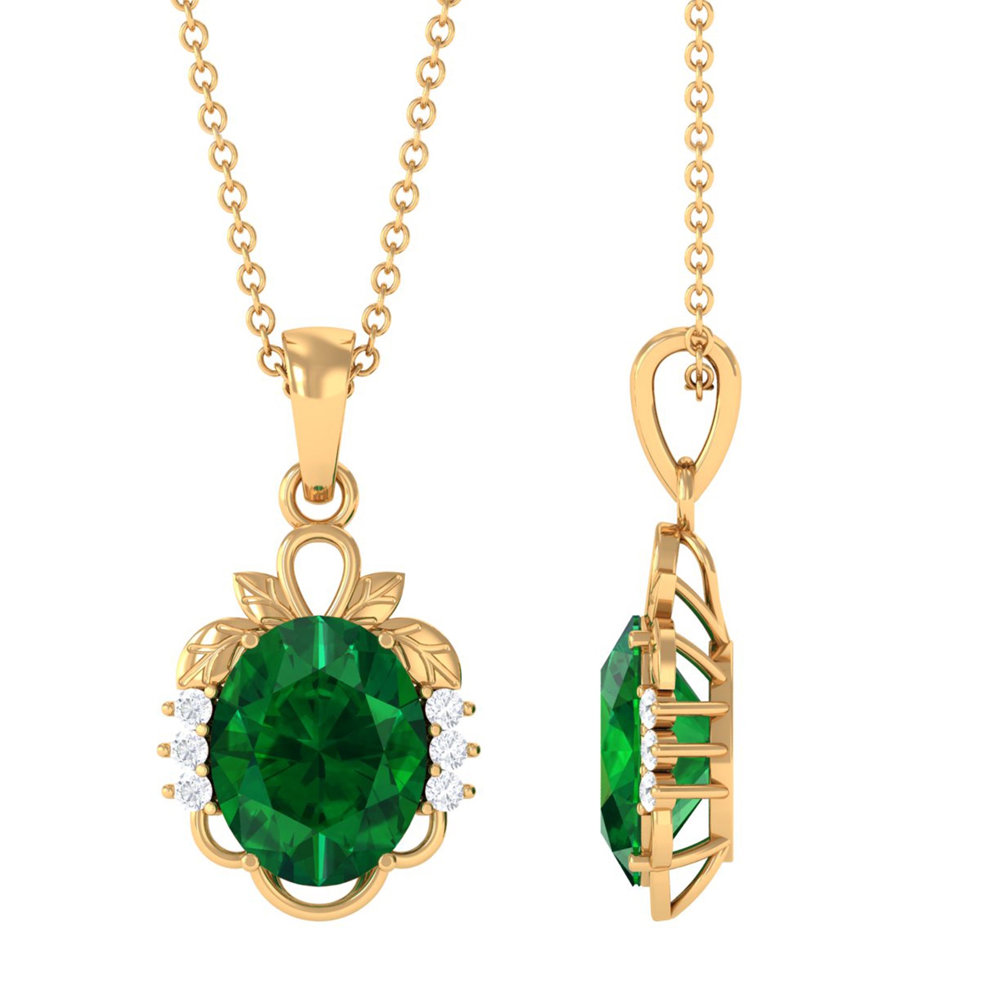 Vibrant Grown Labs-Created Emerald Oval Statement Pendant Necklace with Diamond