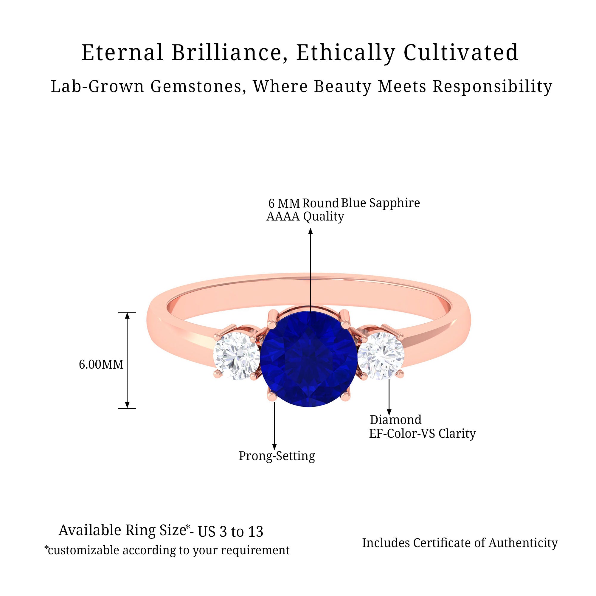 Vibrant Grown Labs-Three Stone Engagement Ring with Lab Grown Blue Sapphire