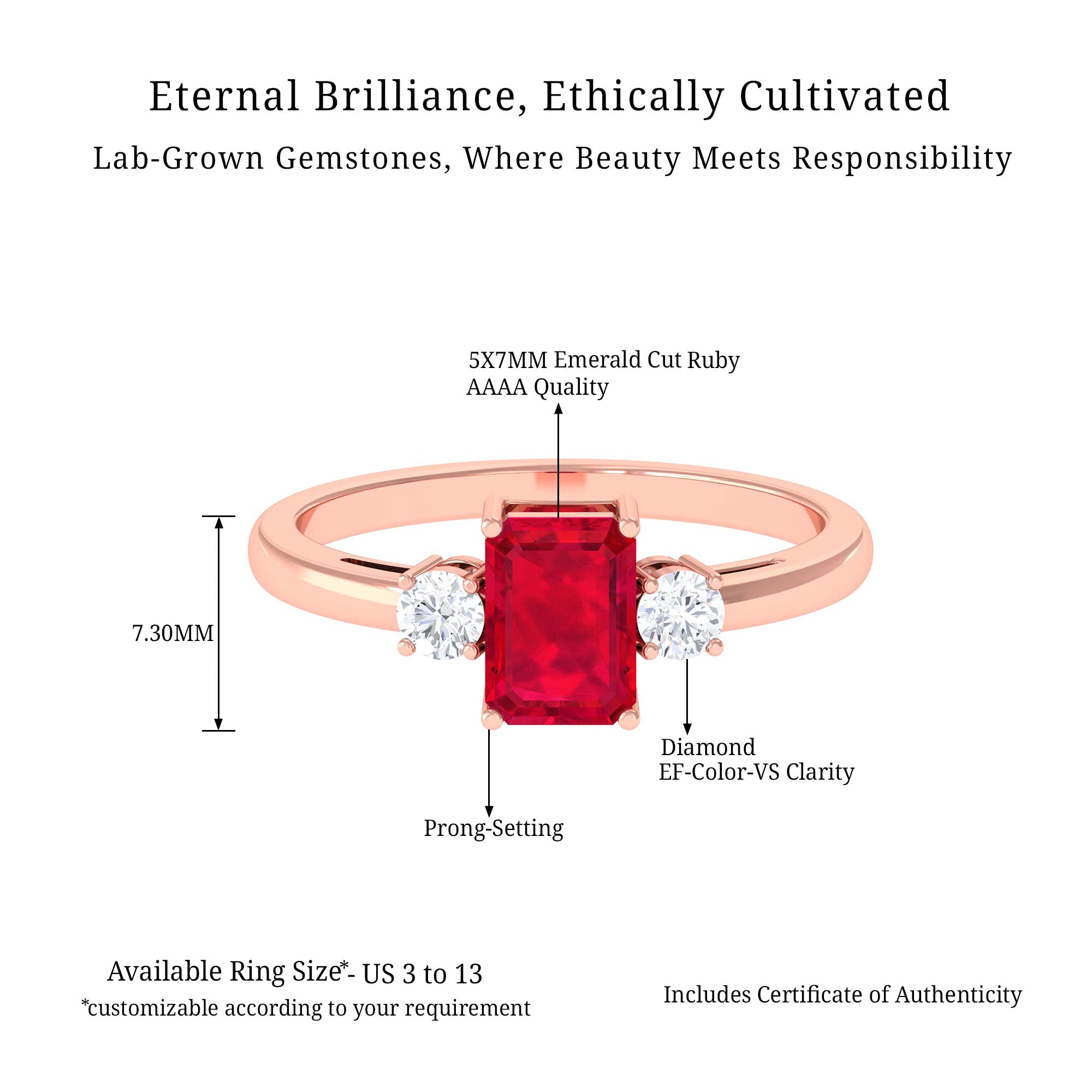 Vibrant Grown Labs-Emerald Cut Lab Grown Ruby Solitaire Engagement Ring