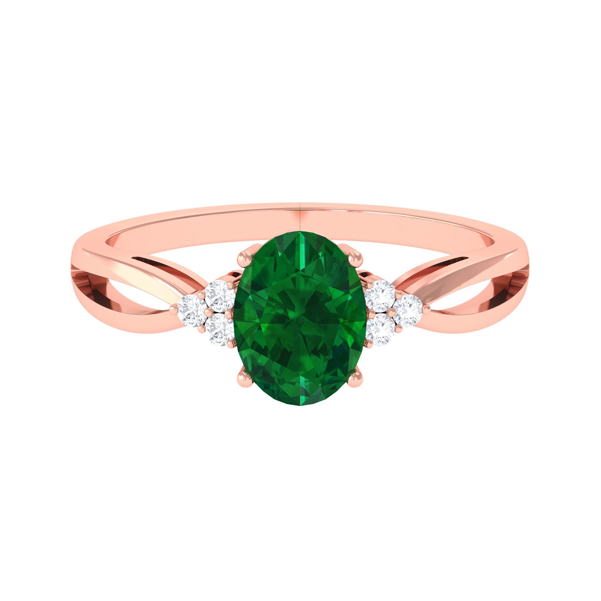 Vibrant Grown Labs-Lab Grown Emerald Split Shank Engagement Ring with Diamond Trio