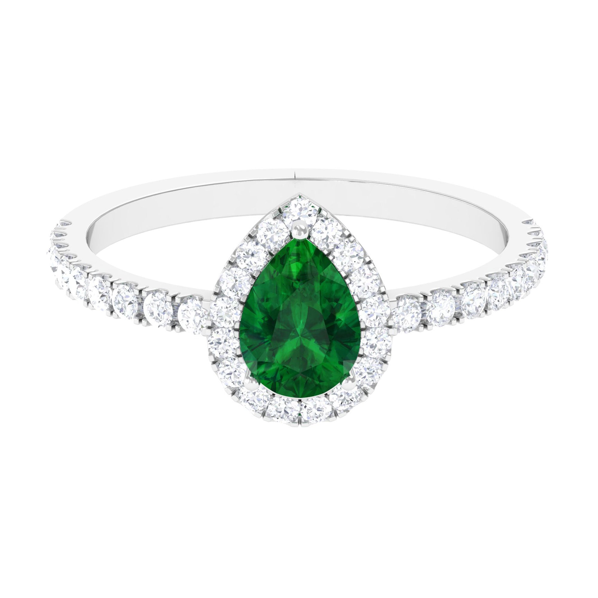 Vibrant Grown Labs-Lab Grown Emerald Teardrop Halo Engagement Ring with Accent