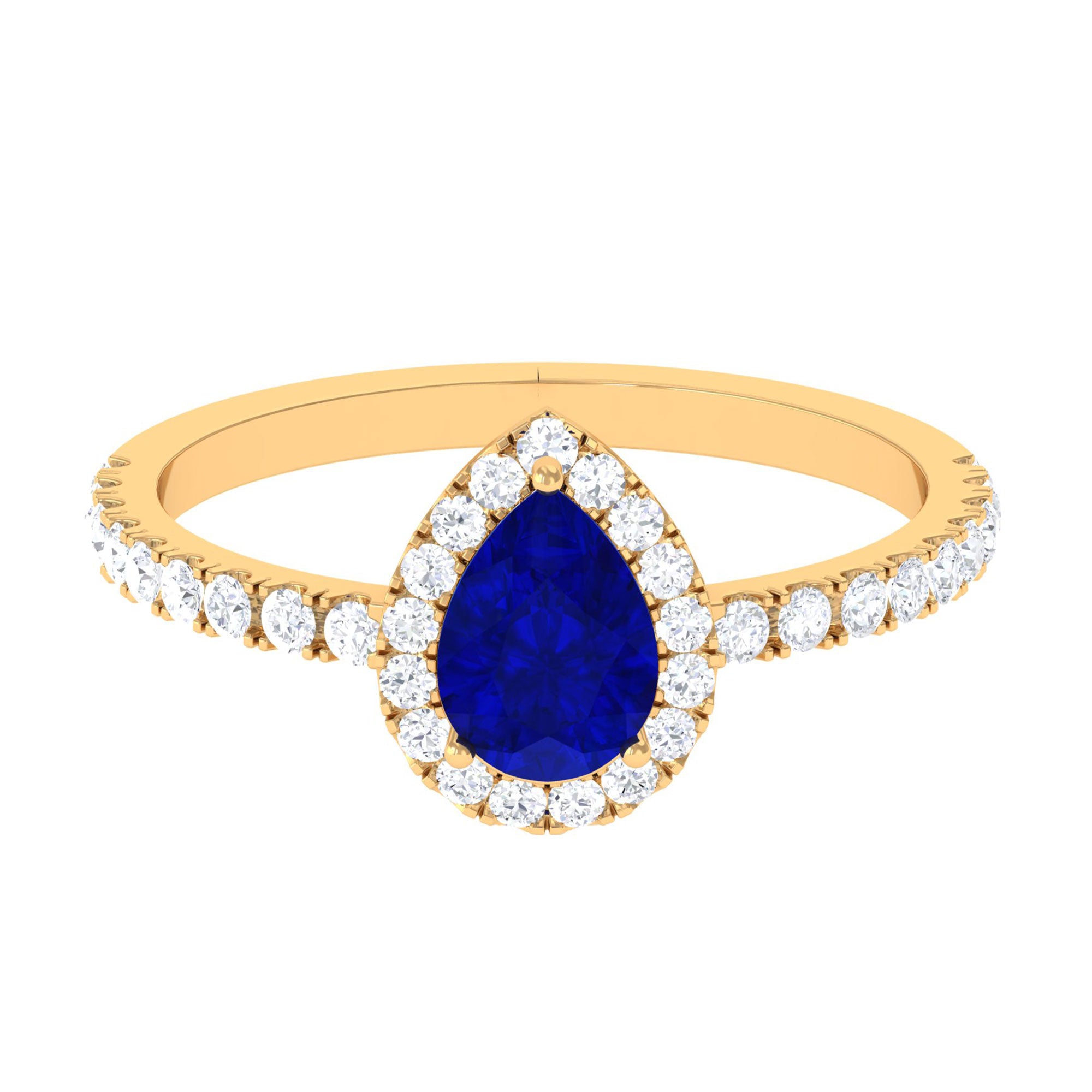 Vibrant Grown Labs-Pear Shaped Lab Grown Blue Sapphire Ring With Halo