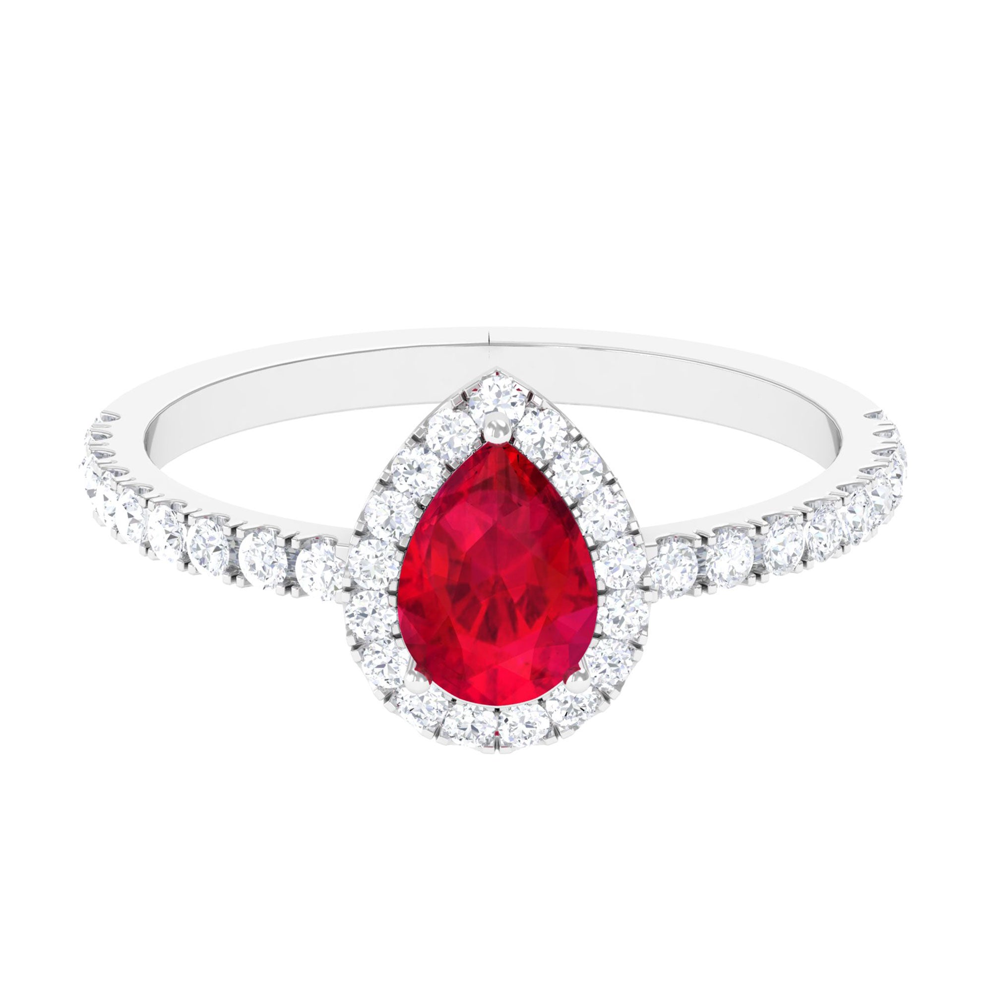 Vibrant Grown Labs-Pear Shaped Lab Grown Ruby Halo Engagement Ring