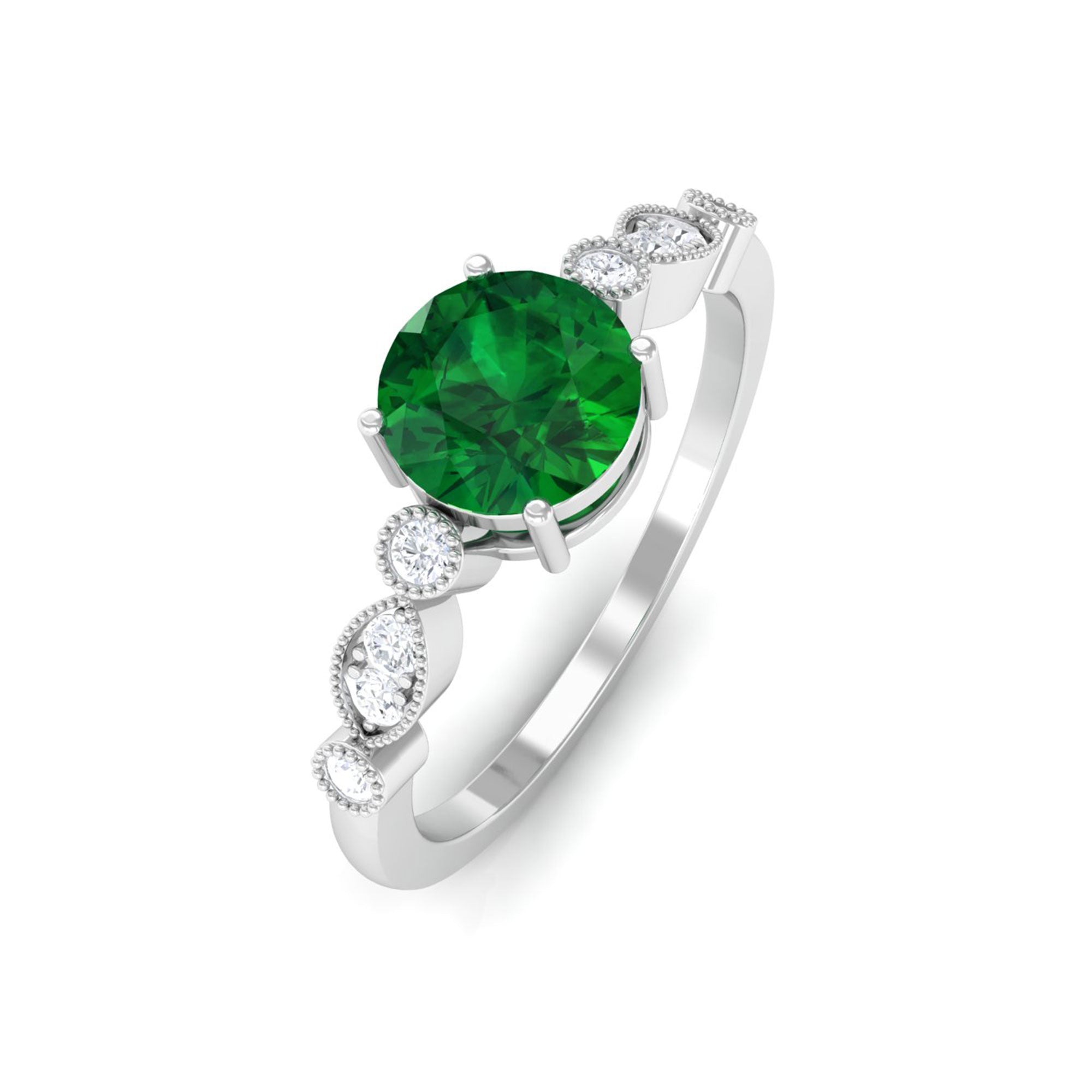 Vibrant Grown Labs-Lab Grown Emerald Classic Halo Ring with Beaded Details