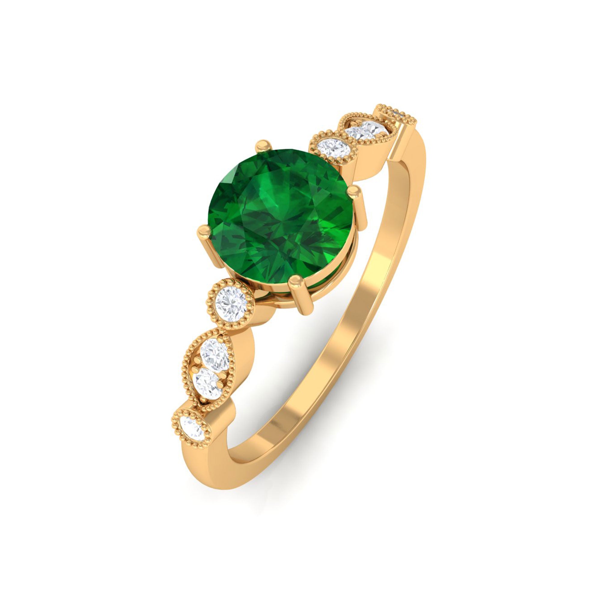 Vibrant Grown Labs-Lab Grown Emerald Classic Halo Ring with Beaded Details