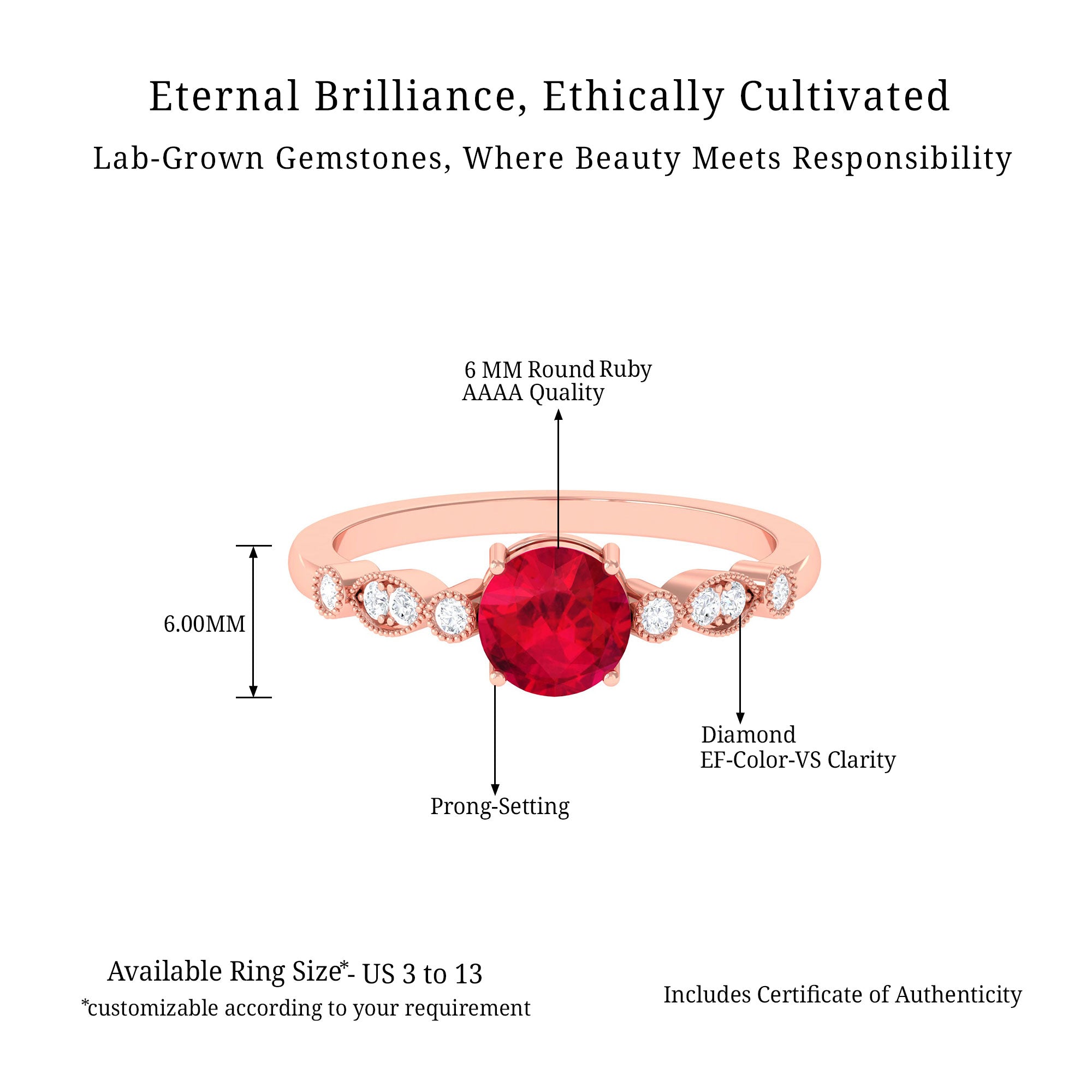 Vibrant Grown Labs-Classic Lab Grown Ruby Solitaire Engagement Ring with Side Stones