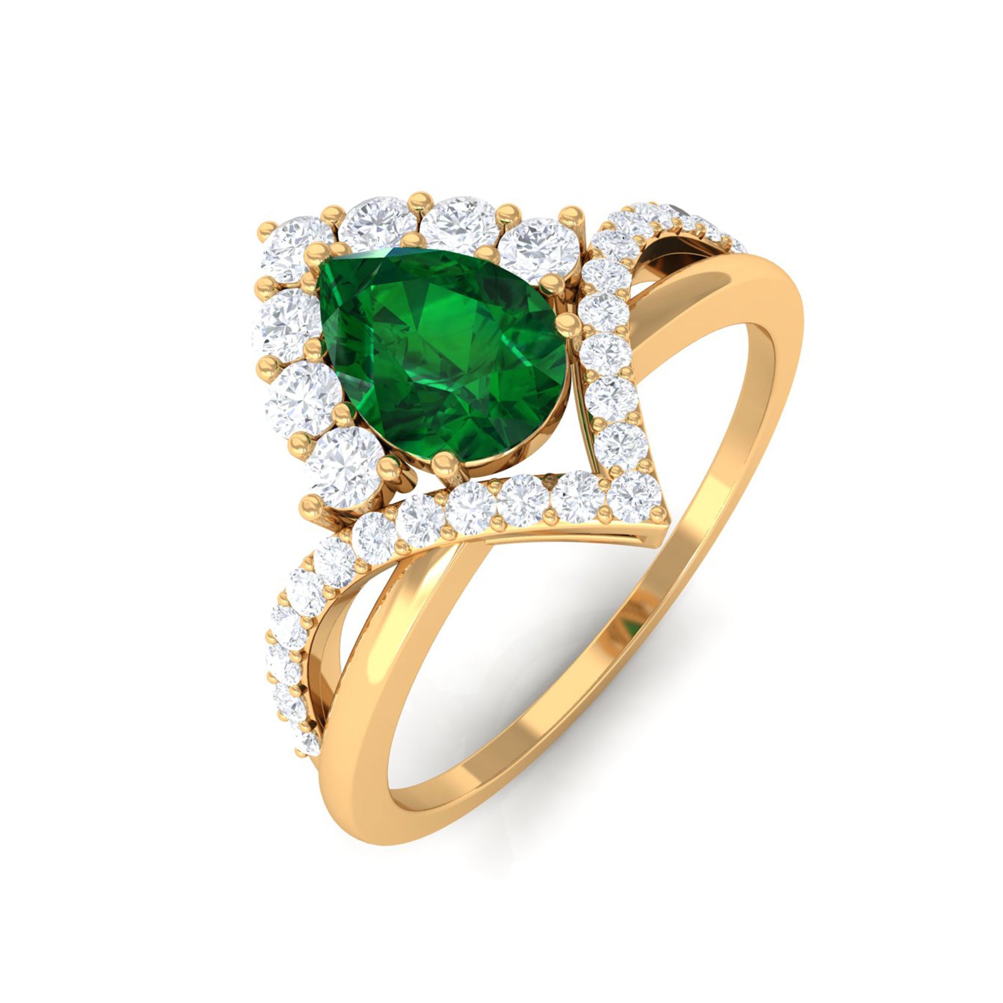 Vibrant Grown Labs-Lab Grown Emerald Halo Designer Chevron Engagement Ring